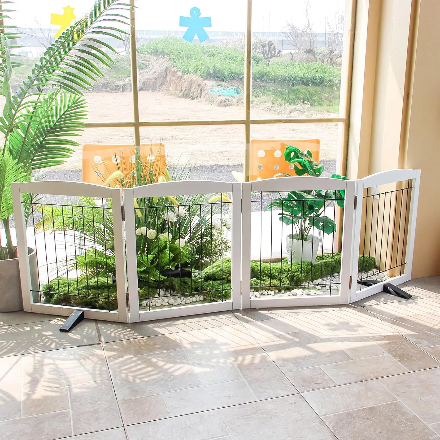 Freestanding Dog Gate - 4-Panel Retractable Foldable Expandable Wooden Pet Gate for Doorways, Hallways, Stairs - 80x24-Inch (White)