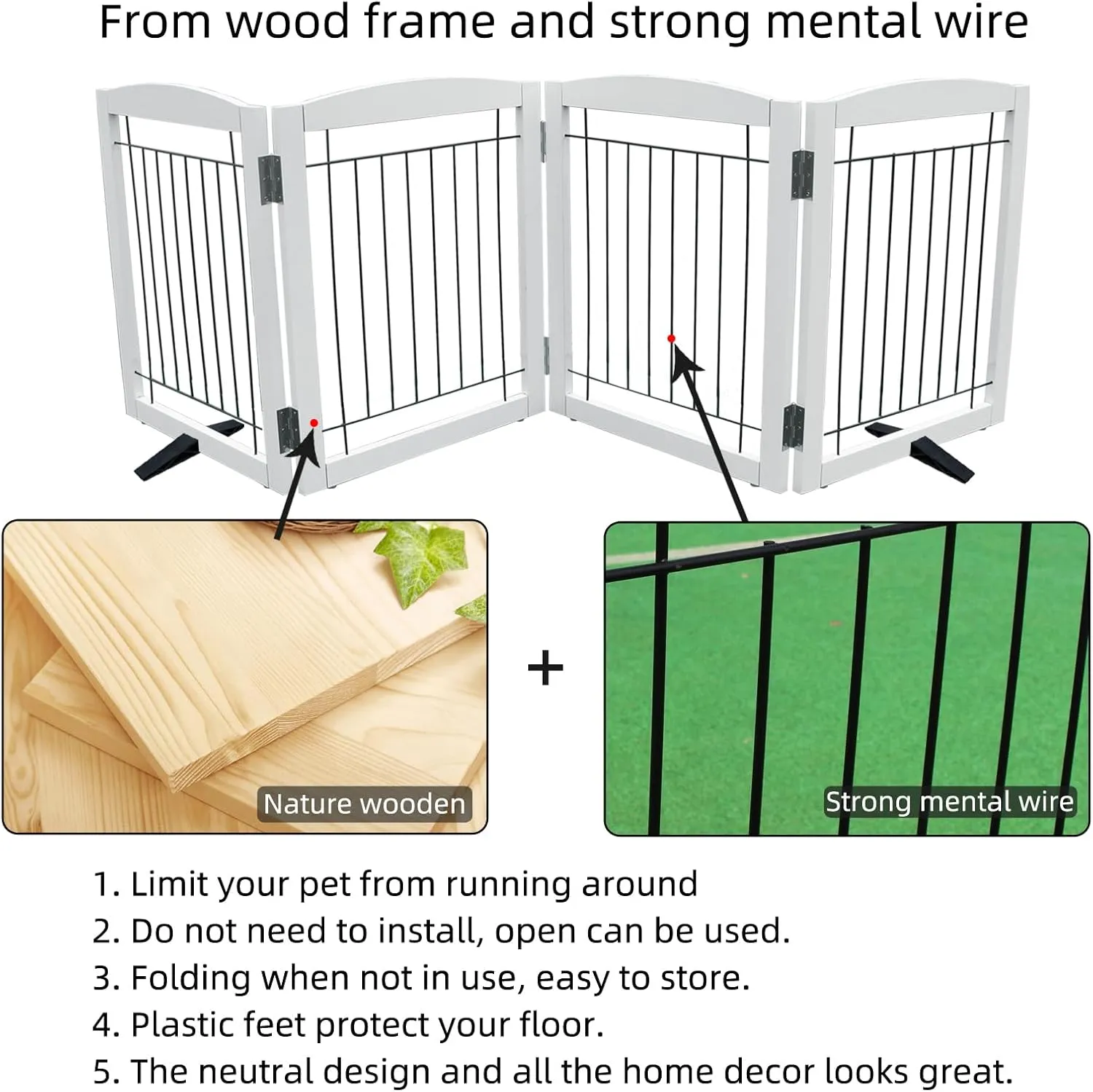 Freestanding Dog Gate - 4-Panel Retractable Foldable Expandable Wooden Pet Gate for Doorways, Hallways, Stairs - 80x24-Inch (White)