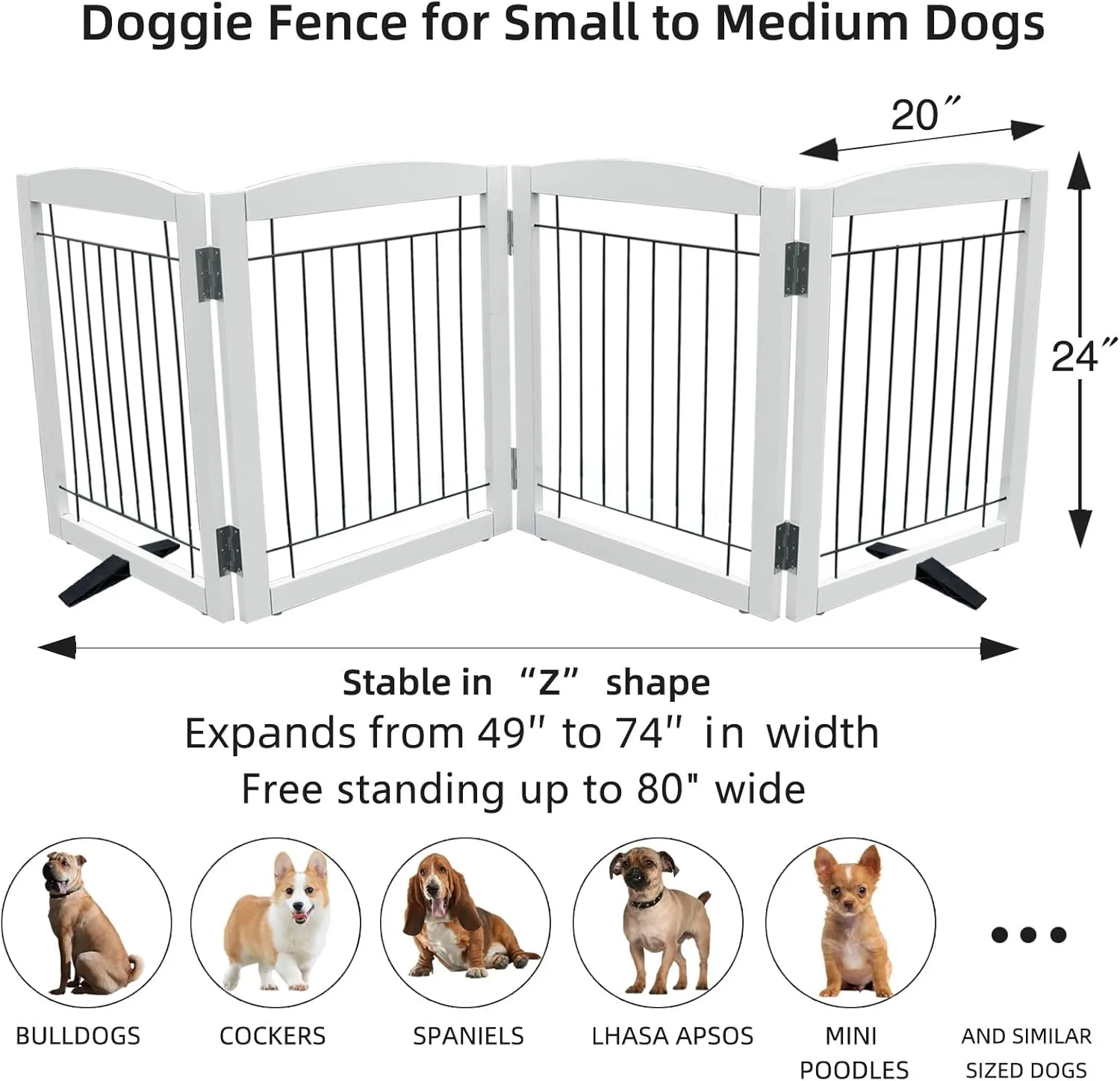 Freestanding Dog Gate - 4-Panel Retractable Foldable Expandable Wooden Pet Gate for Doorways, Hallways, Stairs - 80x24-Inch (White)
