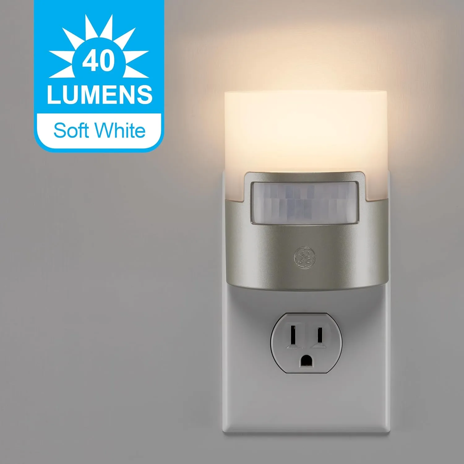GE LED Motion Sensor Night Light, Plug into Wall, 40 Lumens, Soft White, UL-Certified, Energy Efficient, Ideal Nightlight for Bedroom, Bathroom, Kitchen, Hallway, 46633, Silver, 2 Pack