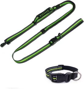 Hands Free Dog Leash  Dog Collar, Bungee for Walking Jogging and Running for Dogs, Professional Lead Walker Harness with Reflective Stitches Adjustable Waist Belt Fits Waist (Green, with Collar)