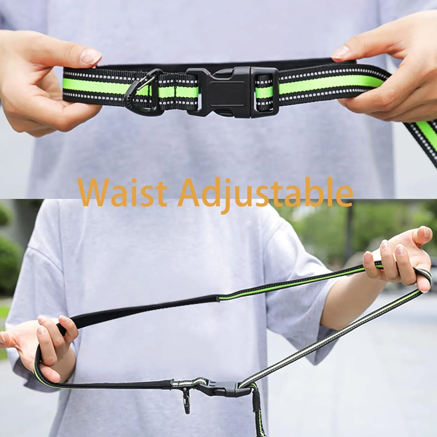Hands Free Dog Leash  Dog Collar, Bungee for Walking Jogging and Running for Dogs, Professional Lead Walker Harness with Reflective Stitches Adjustable Waist Belt Fits Waist (Green, with Collar)