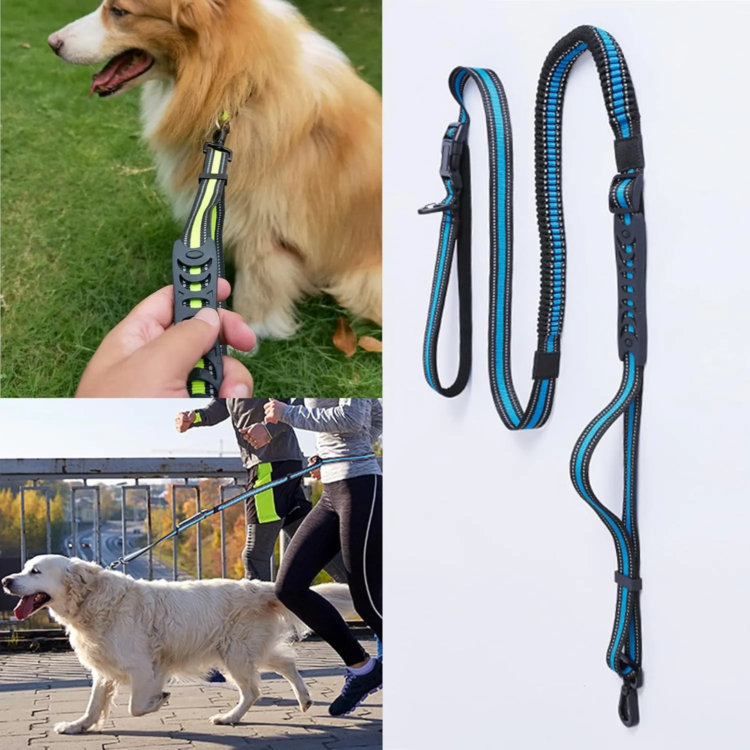 Hands Free Dog Leash  Dog Collar, Bungee for Walking Jogging and Running for Dogs, Professional Lead Walker Harness with Reflective Stitches Adjustable Waist Belt Fits Waist (Green, with Collar)