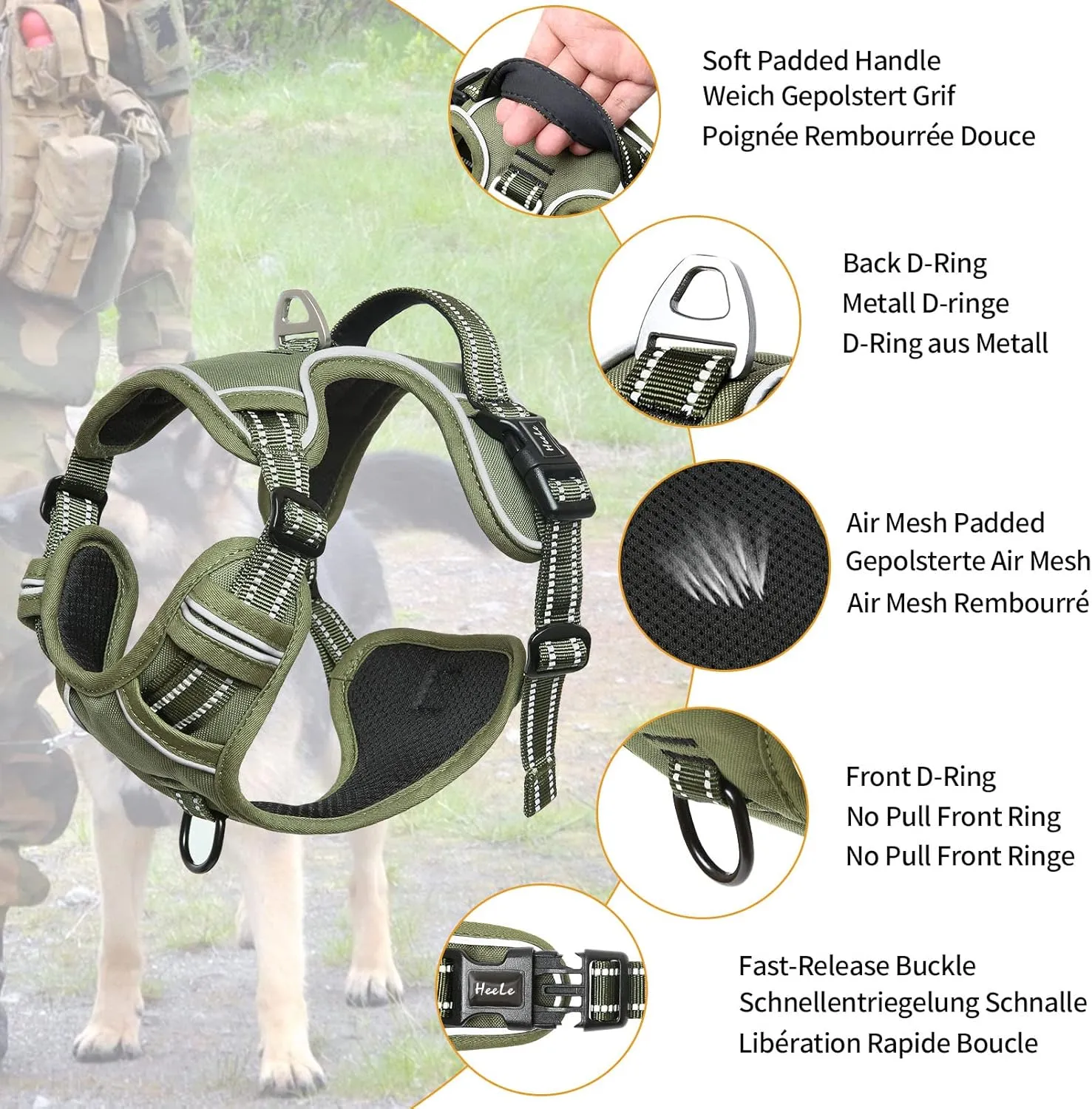 HEELE Dog Harness, Dog Harness for Small Medium Large Dogs No Pull Adjustable Padded Reflective Harness with Handle for Walking Training, Green, XL