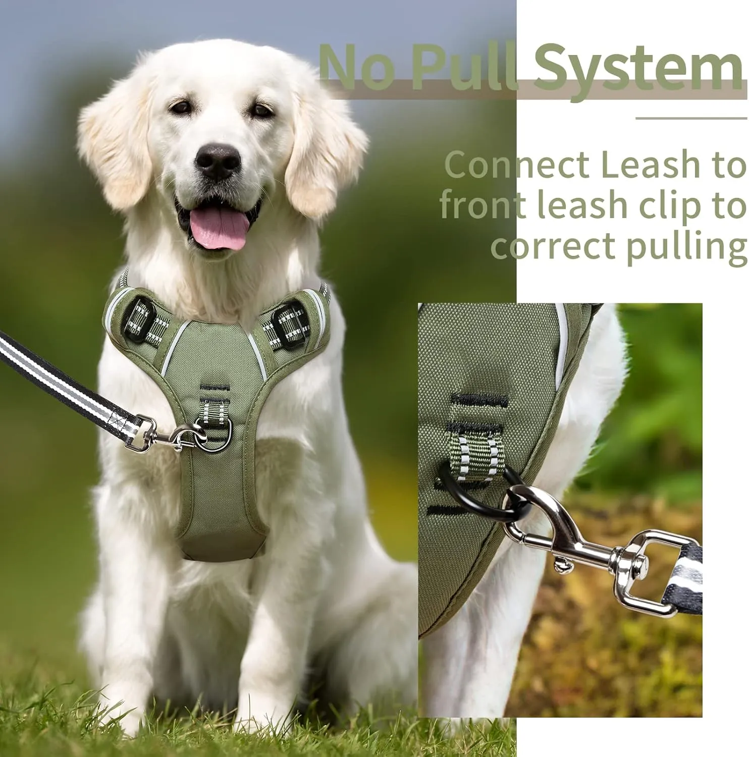 HEELE Dog Harness, Dog Harness for Small Medium Large Dogs No Pull Adjustable Padded Reflective Harness with Handle for Walking Training, Green, XL