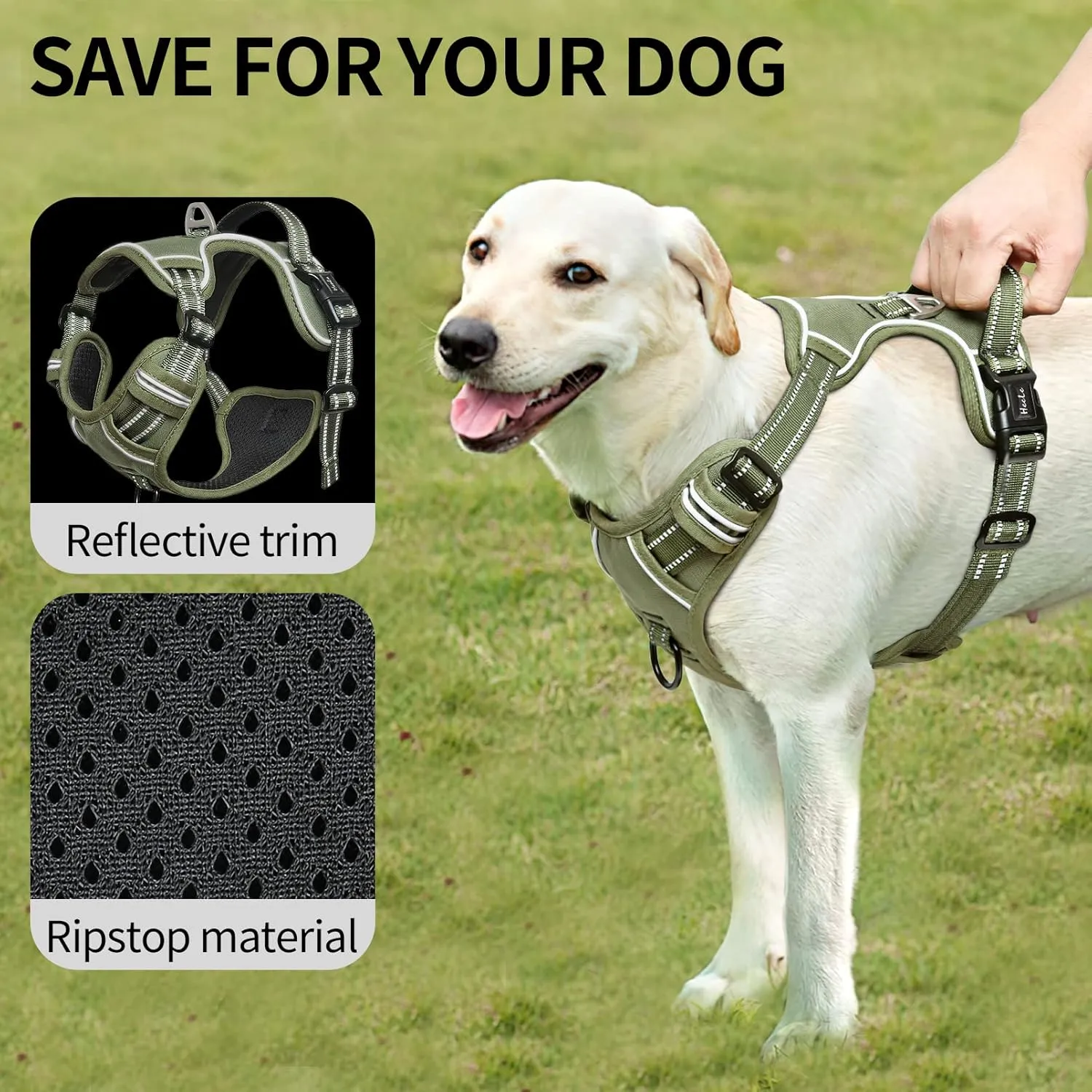 HEELE Dog Harness, Dog Harness for Small Medium Large Dogs No Pull Adjustable Padded Reflective Harness with Handle for Walking Training, Green, XL