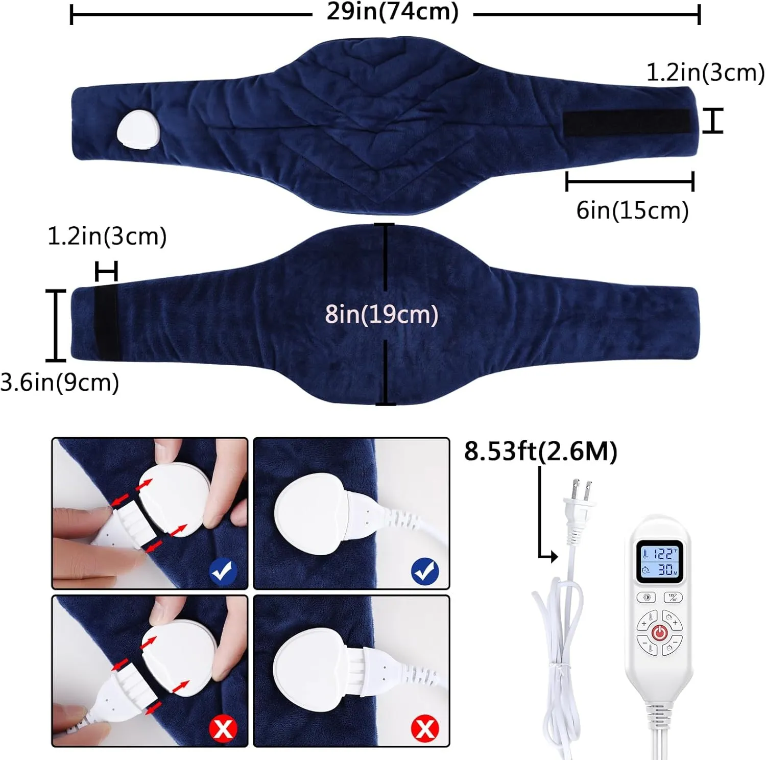 JOBYNA Heating Pad for Neck, Hands-Free Electric Heated Neck Wrap for Pain Relief, 29"8'' Neck Heat Pad with 8.53ft Power Cord, Auto Shut Off,Size/Temperature/Time AdjustableNavy