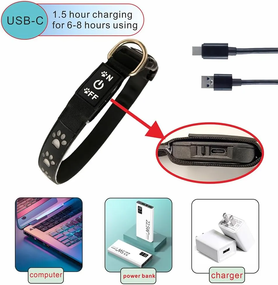 LED Light Up Dog Collar, USB-C Rechargeable, Multicolor Paw Print Design, 15 Modes Lighting Night Safety (Pink, S(7.87-11.8"))