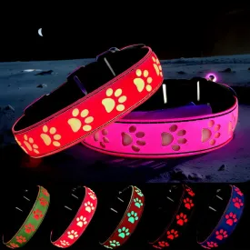 LED Light Up Dog Collar, USB-C Rechargeable, Multicolor Paw Print Design, 15 Modes Lighting Night Safety (Pink, S(7.87-11.8"))