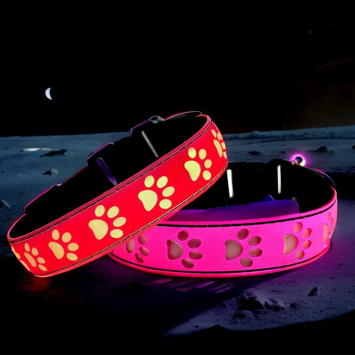 LED Light Up Dog Collar, USB-C Rechargeable, Multicolor Paw Print Design, 15 Modes Lighting Night Safety (Pink, S(7.87-11.8"))