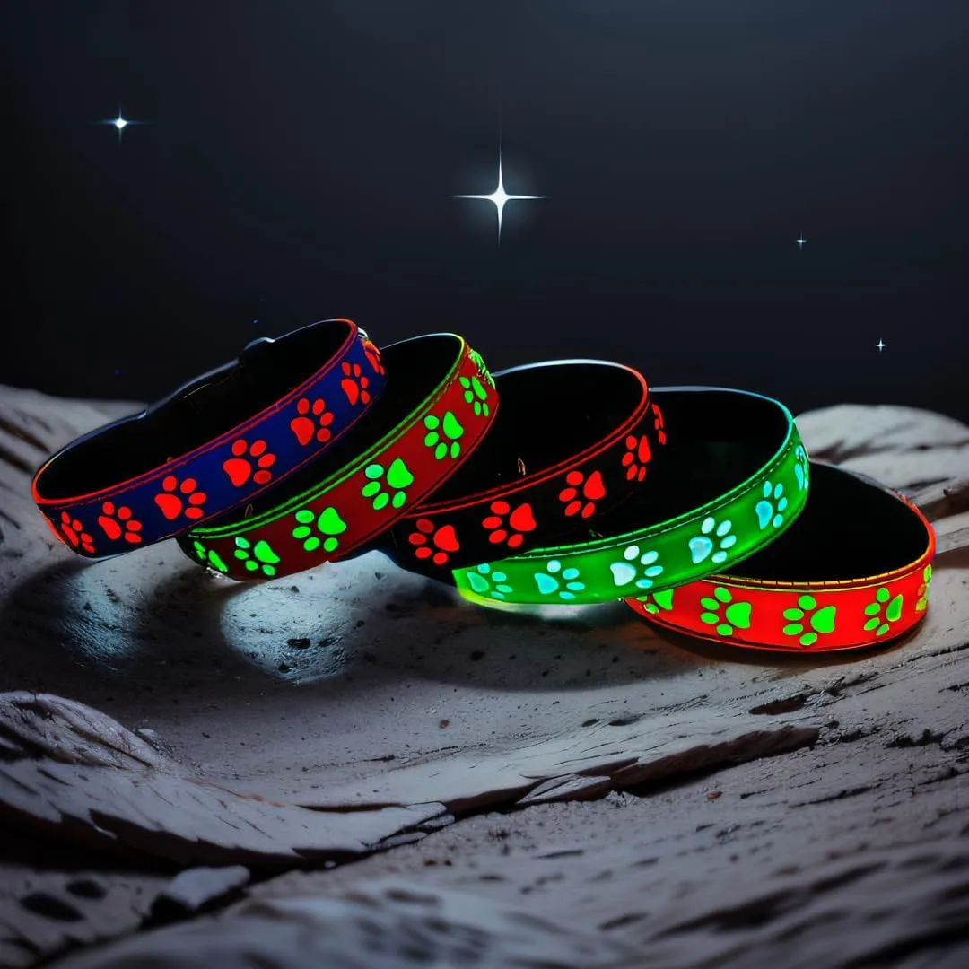 LED Light Up Dog Collar, USB-C Rechargeable, Multicolor Paw Print Design, 15 Modes Lighting Night Safety (Pink, S(7.87-11.8"))