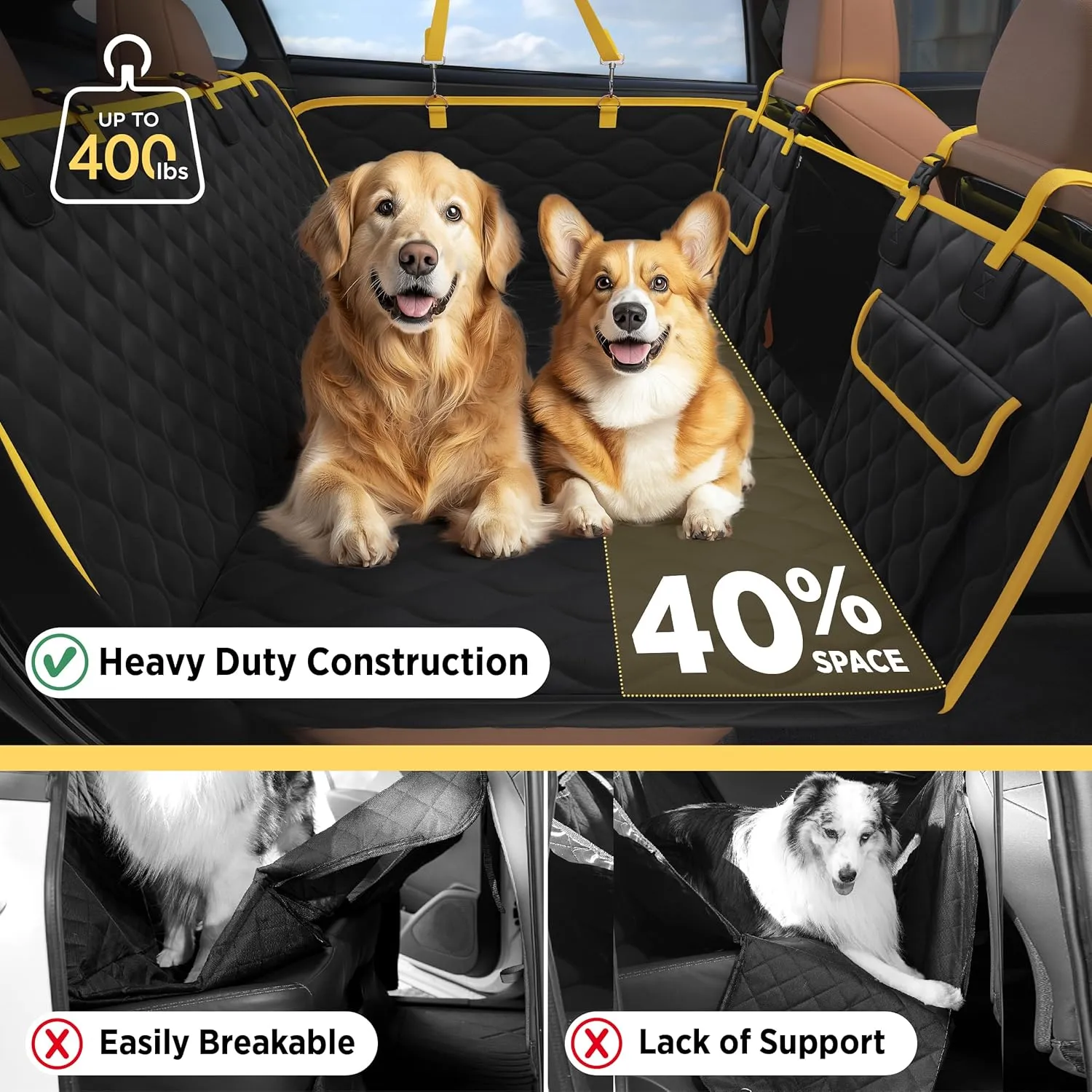 Lesure Dog Car Seat Cover for Back Seat with Hard Bottom, Pet Back Seat Extender with Supportive Egg Crate Foam, Waterproof Non-Slip Dog Hammock for Car, Truck, SUV, Black