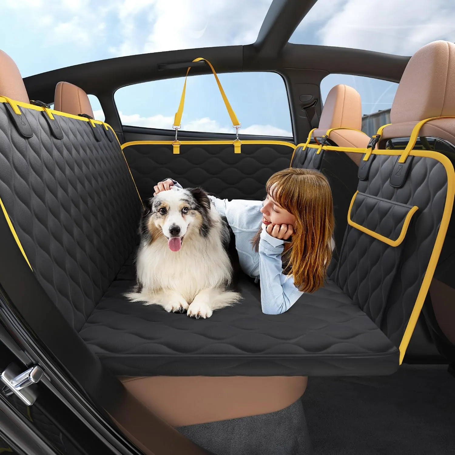 Lesure Dog Car Seat Cover for Back Seat with Hard Bottom, Pet Back Seat Extender with Supportive Egg Crate Foam, Waterproof Non-Slip Dog Hammock for Car, Truck, SUV, Black