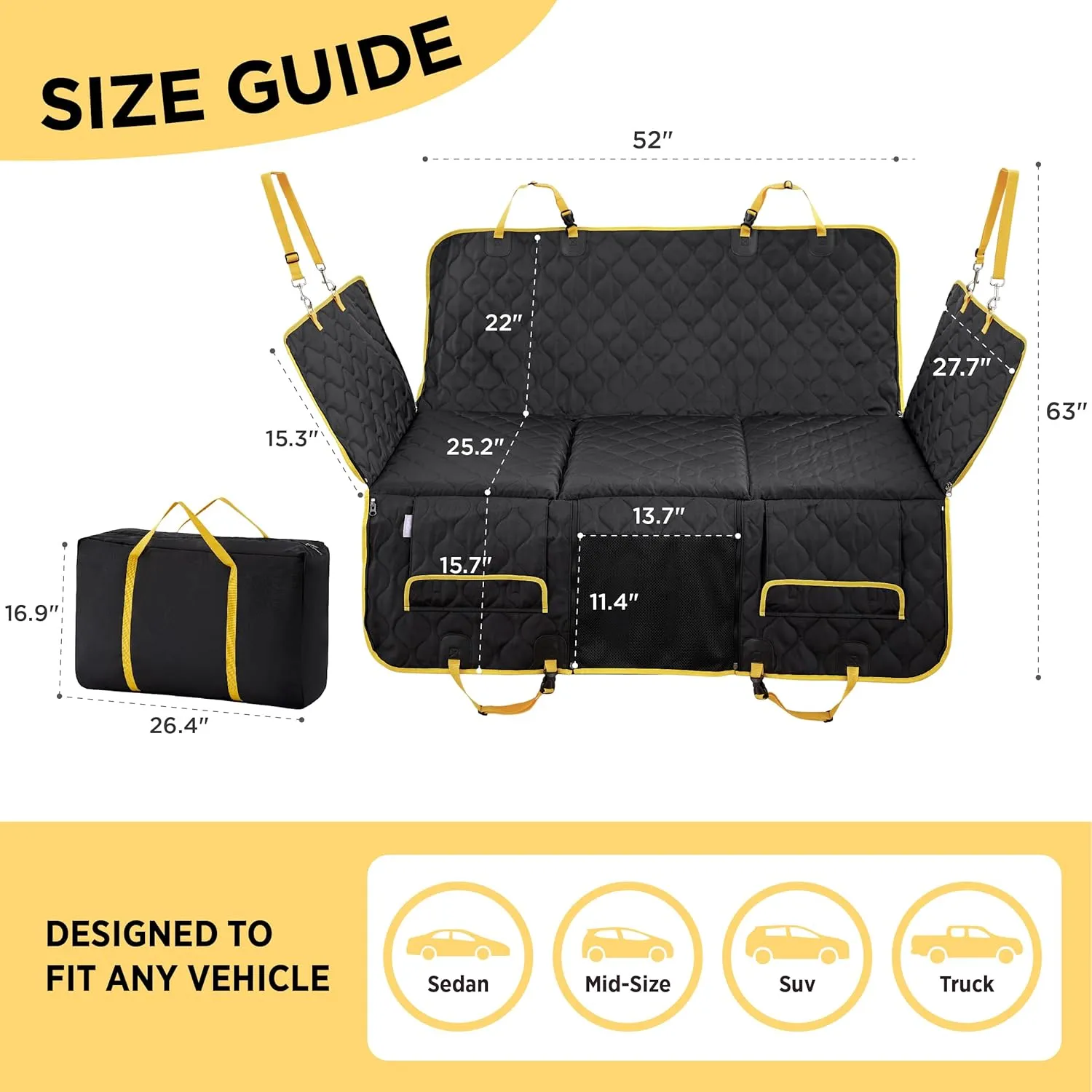 Lesure Dog Car Seat Cover for Back Seat with Hard Bottom, Pet Back Seat Extender with Supportive Egg Crate Foam, Waterproof Non-Slip Dog Hammock for Car, Truck, SUV, Black