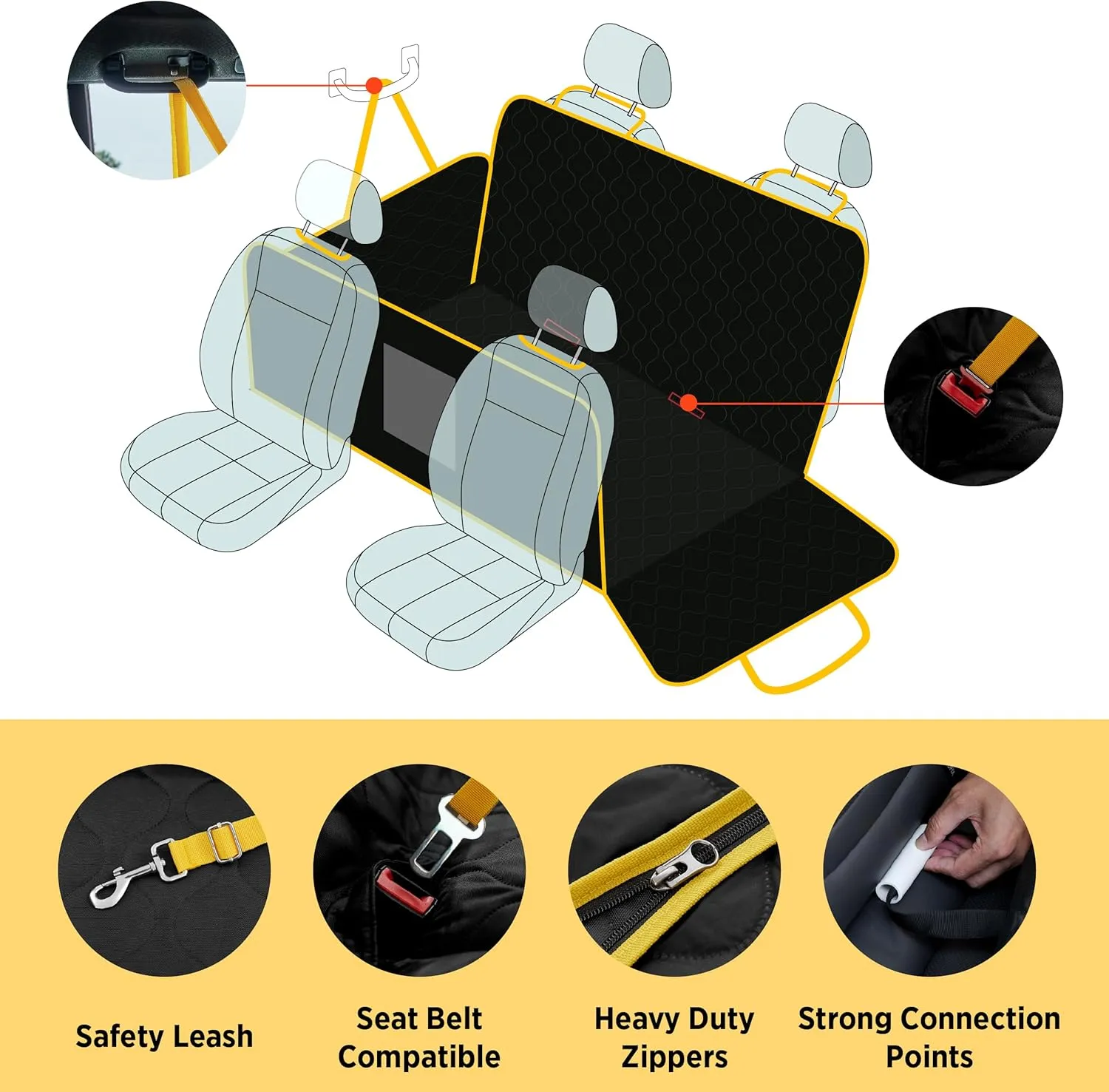 Lesure Dog Car Seat Cover for Back Seat with Hard Bottom, Pet Back Seat Extender with Supportive Egg Crate Foam, Waterproof Non-Slip Dog Hammock for Car, Truck, SUV, Black