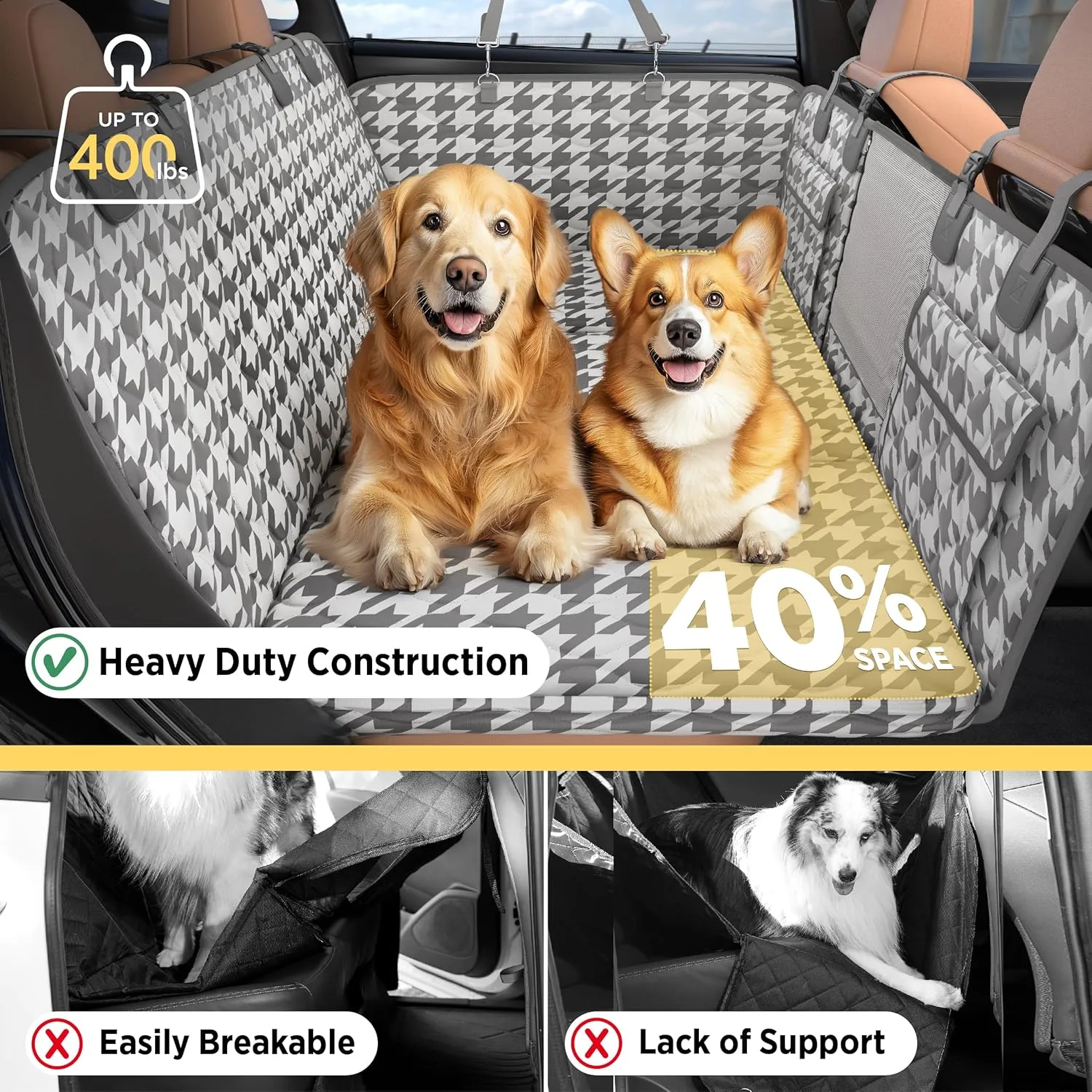 Lesure Dog Car Seat Cover for Back Seat with Hard Bottom, Pet Back Seat Extender with Supportive Egg Crate Foam, Waterproof Non-Slip Dog Hammock for Car, Truck, SUV, Titanium