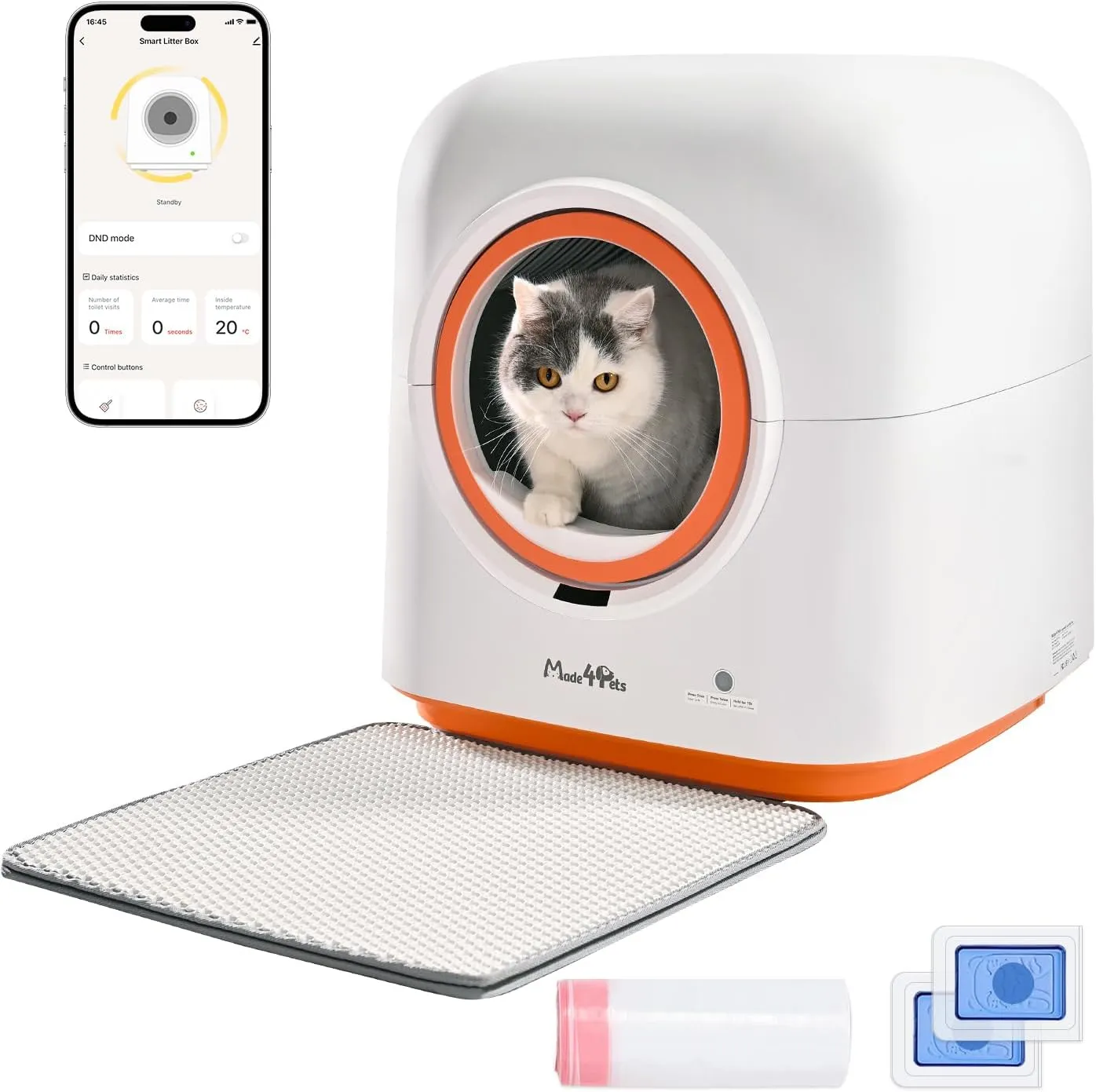 Made4Pets Self-Cleaning Litter Box, Automatic Cat Litter Box with APP Control, Odor-Eliminating, 60L Capacity, Anti-Pinch Safety, Hands-Free Waste Disposal, Includes Waste Bags, for Multiple Cats