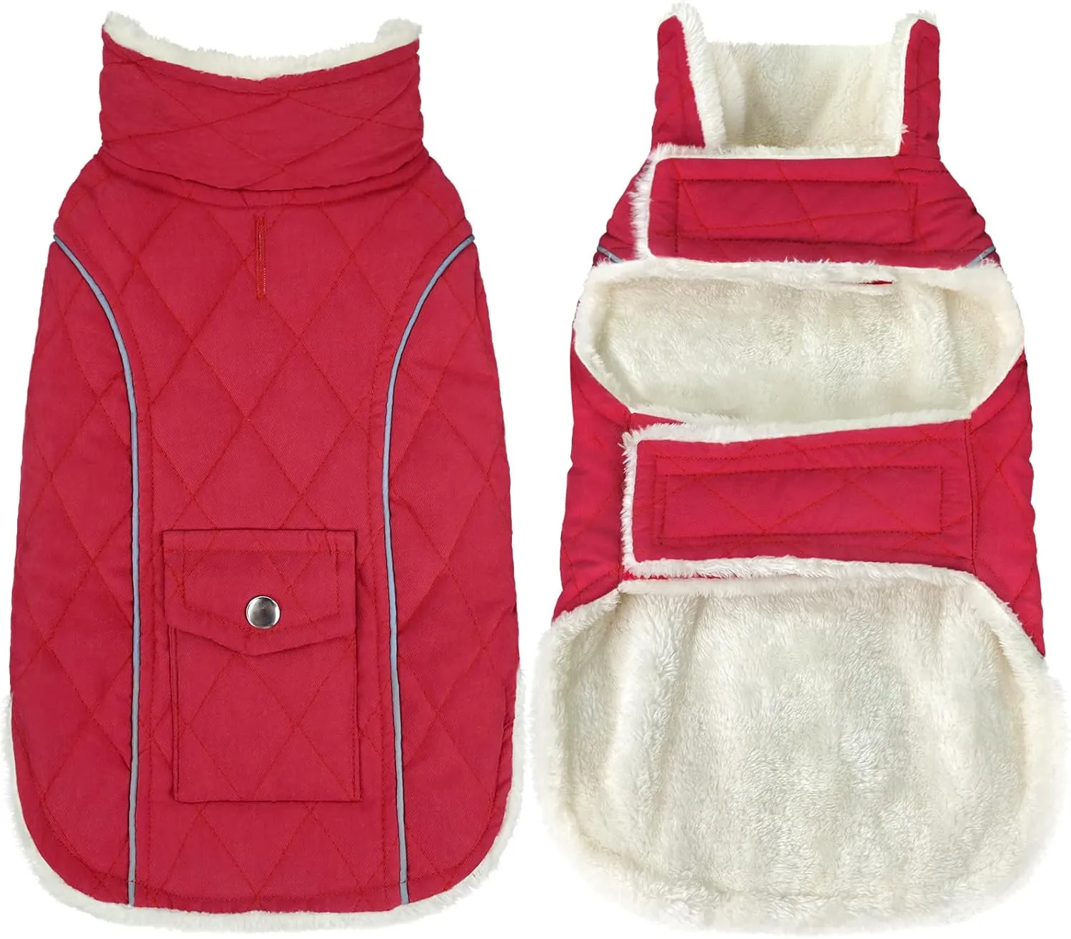 Malier Winter Coat, Windproof Cold Weather Coat with Real Pocket, Extra Warm Dog Fleece Jacket Reflective Clothes for Small to Large Dogs and Puppy (Red, X-Small)