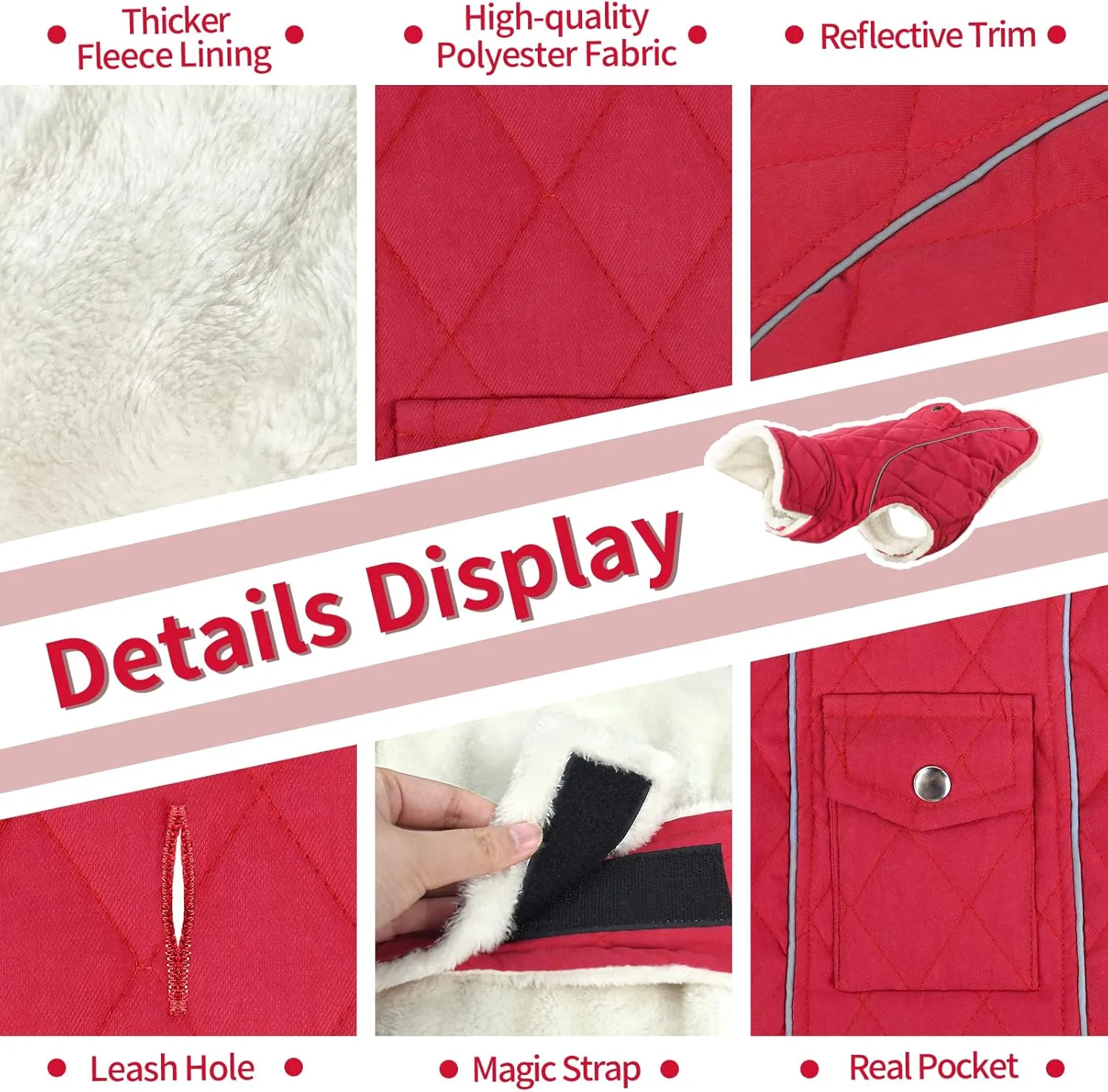 Malier Winter Coat, Windproof Cold Weather Coat with Real Pocket, Extra Warm Dog Fleece Jacket Reflective Clothes for Small to Large Dogs and Puppy (Red, X-Small)