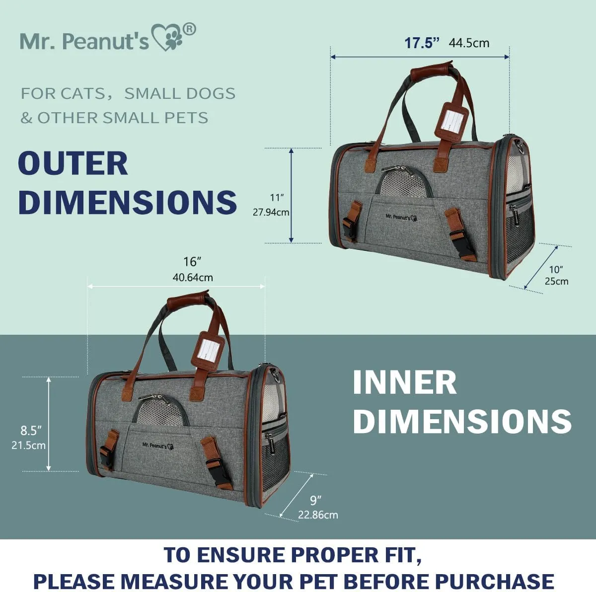 Mr. Peanut's Airline Approved Soft Sided Pet Carrier, Low Profile Gold Series Tote, Premium Brand Self Locking Zippers, Under Seat Compatibility, Plush Faux Fleece Bedding with a Sturdy Plywood Base