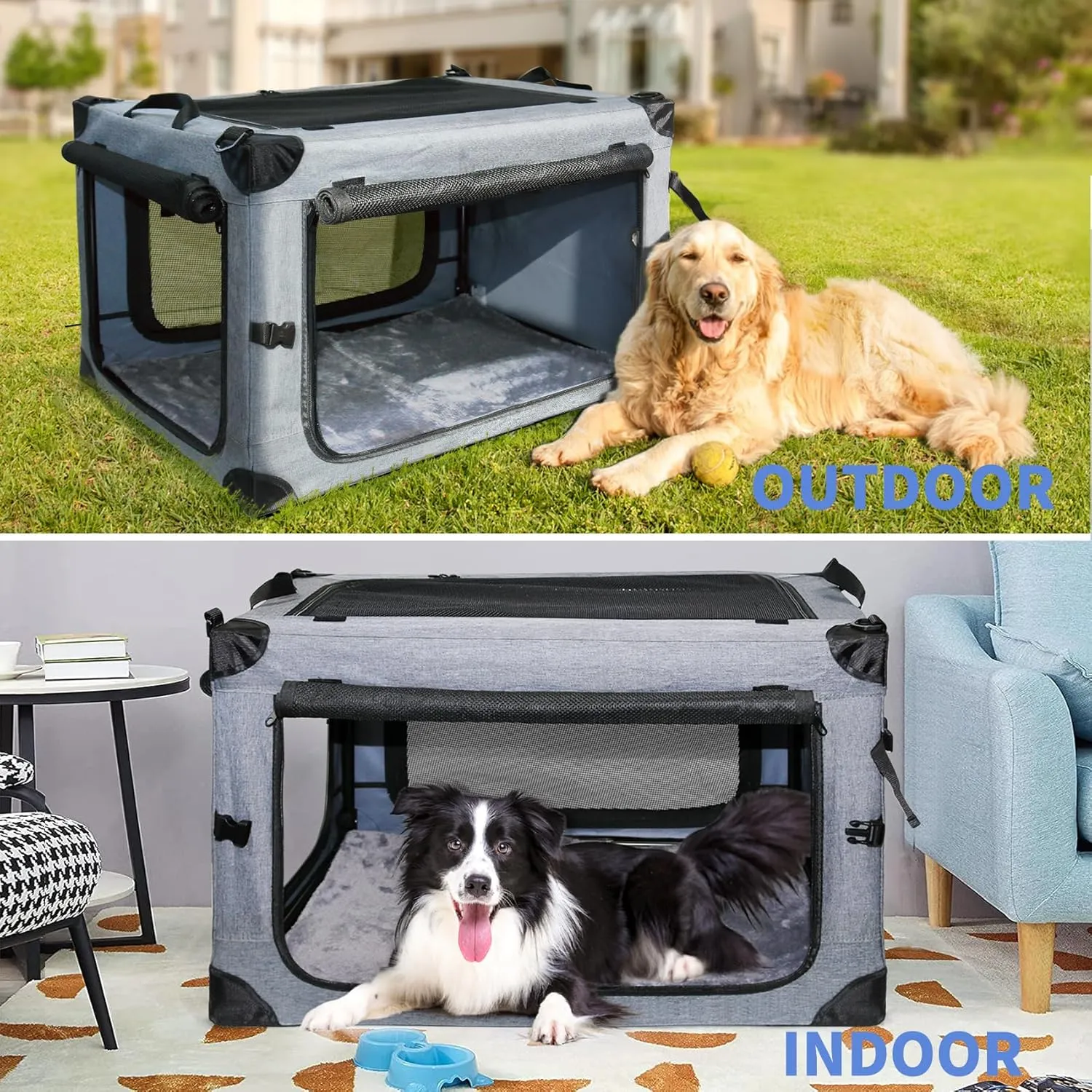 NEZUC Soft Collapsible Dog Crate - 24 Inch Portable Soft Sided Travel Dog Crates for Small Dogs, 4-Door Foldable Dog Carrier, Pet Kennel Indoor & Outdoor (Gray, 24.0" L x 17.0" W x 17.0" H)