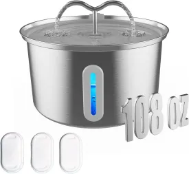 NUMINA Stainless Steel Cat Water Fountain, 108oz/3.2L Automatic Pet Water Dispenser with Dual Spouts, Ultra Quiet Pump, LED Water Level Window for Cats & Small Dogs, 2 Extra Filters Included