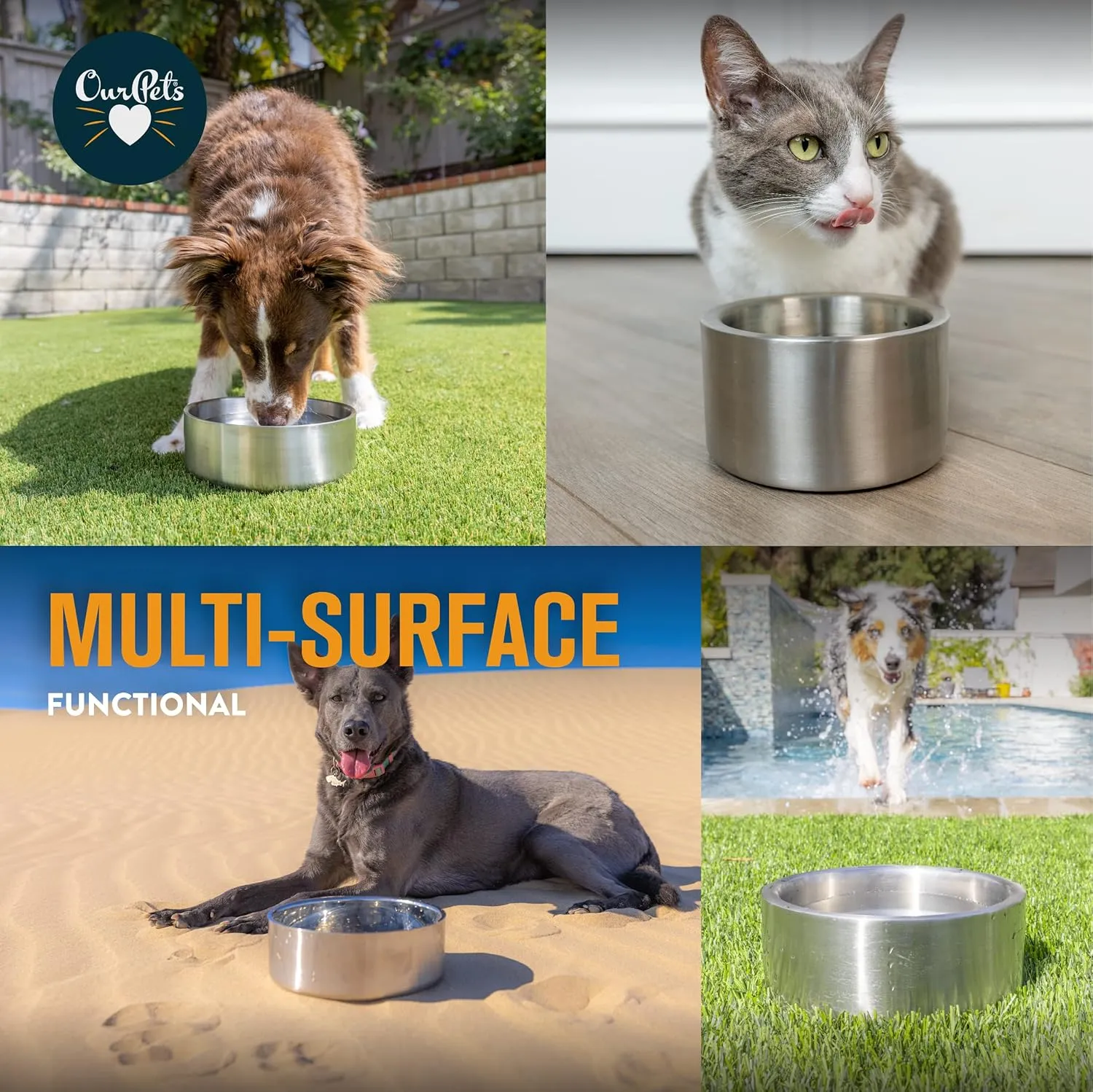 Our Pets Stainless Steel Dog Water and Food Bowl for Small Dogs | Double Wall Feeding Bowl | Non Skid and Non-Slip Dishwasher Safe [Holds 1 Pint / 16 oz]