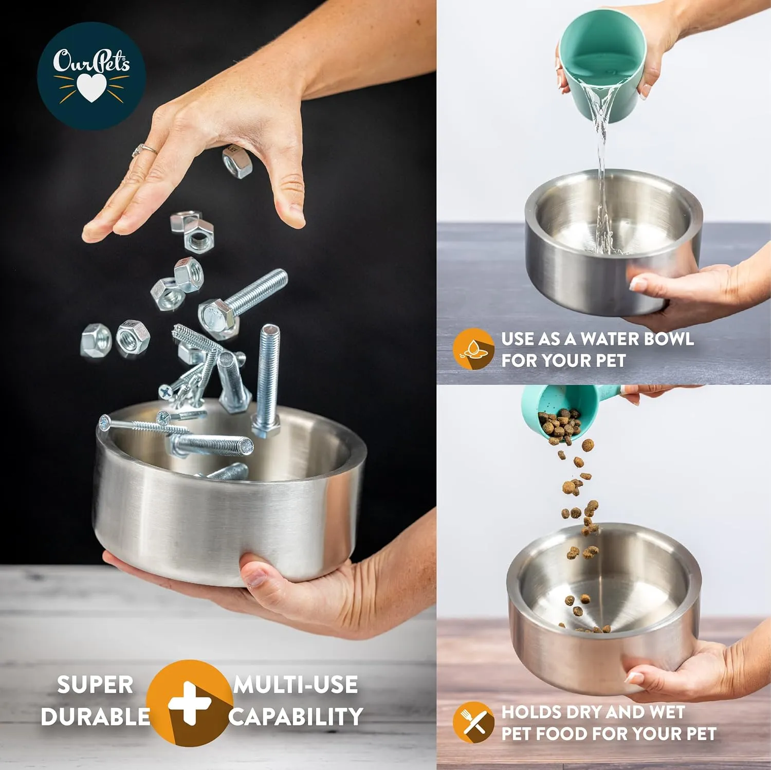 Our Pets Stainless Steel Dog Water and Food Bowl for Small Dogs | Double Wall Feeding Bowl | Non Skid and Non-Slip Dishwasher Safe [Holds 1 Pint / 16 oz]