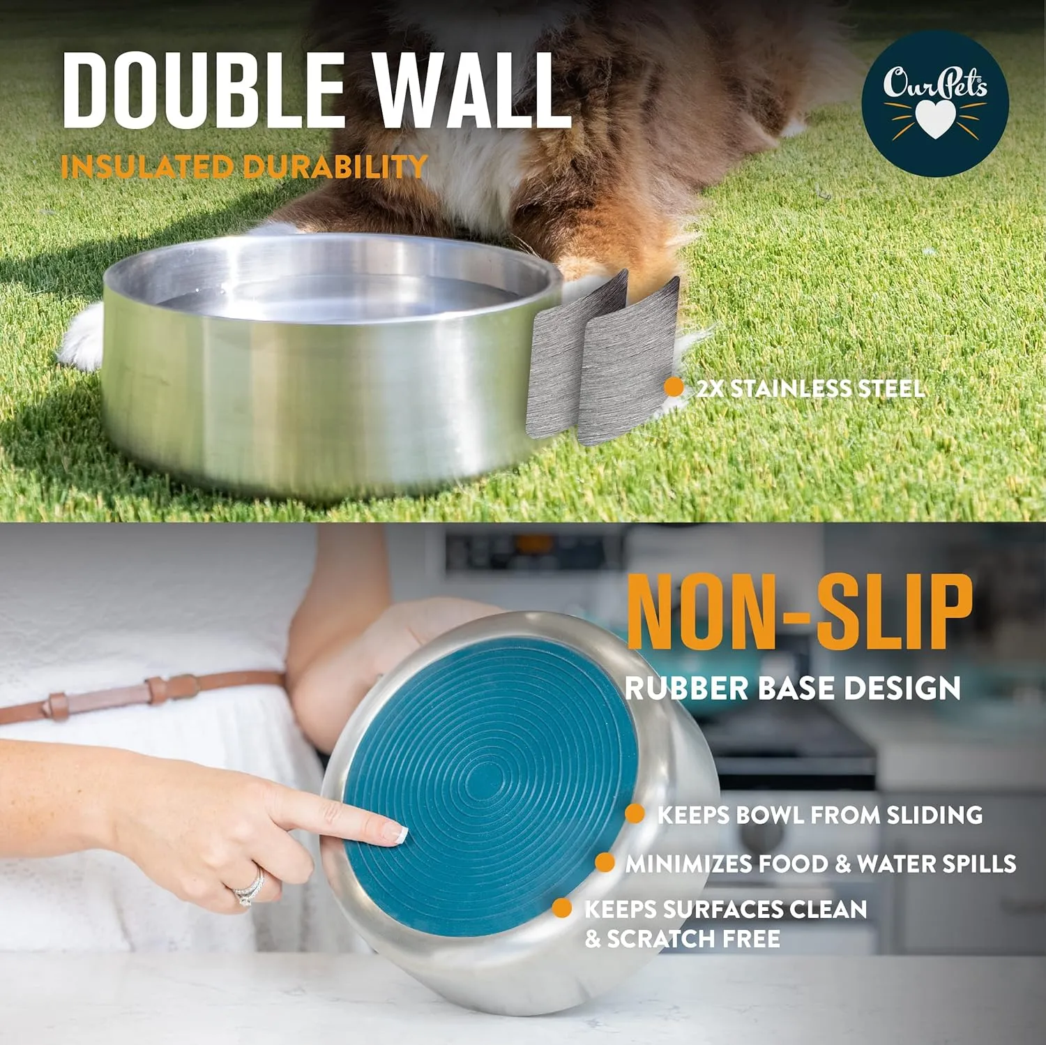 Our Pets Stainless Steel Dog Water and Food Bowl for Small Dogs | Double Wall Feeding Bowl | Non Skid and Non-Slip Dishwasher Safe [Holds 1 Pint / 16 oz]