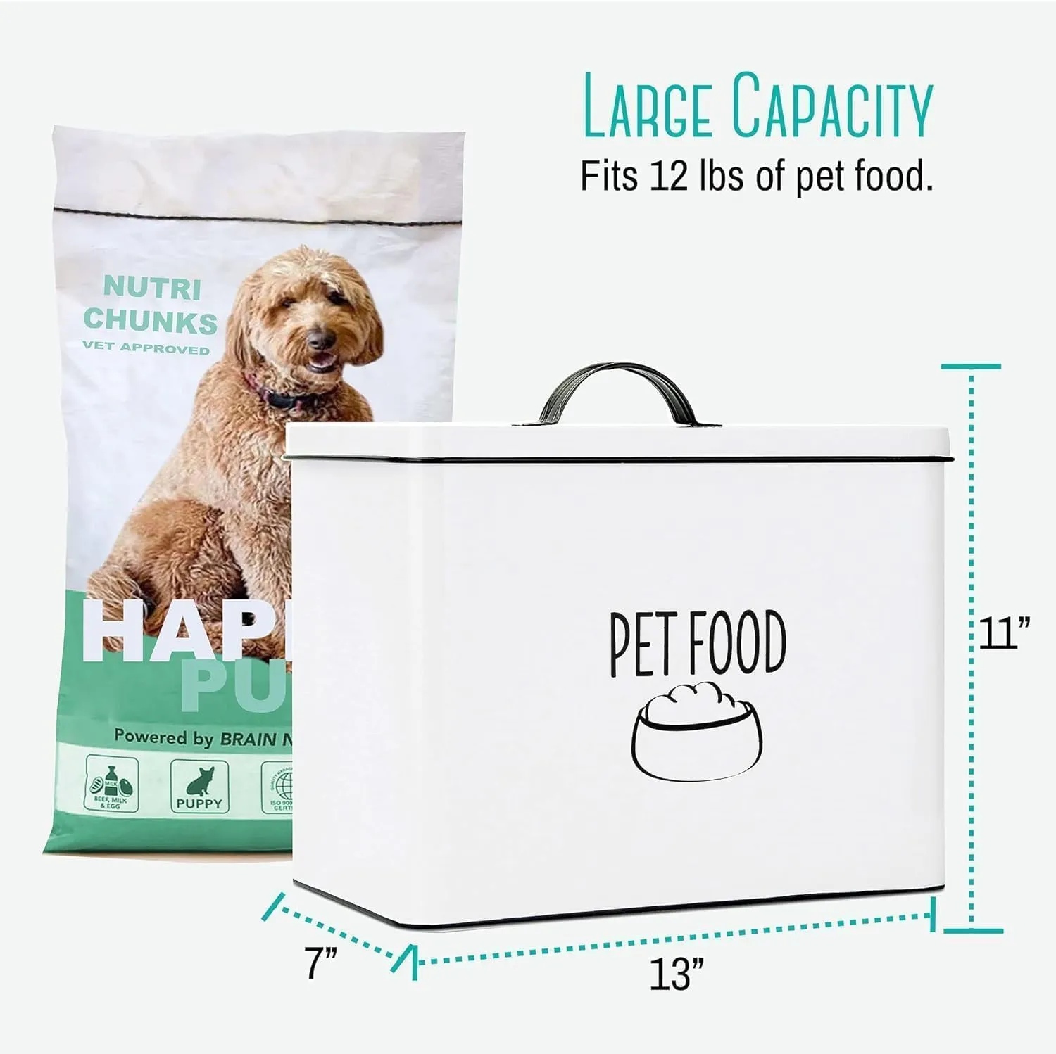 OUTSHINE Farmhouse Pet Food Bin | Large Pet Food Storage Container with Fitted Lid | White Metal Pet Treat Container for Countertop | Decorative Treat Jar for Pet Food Storage | Cute Pet Food Canister