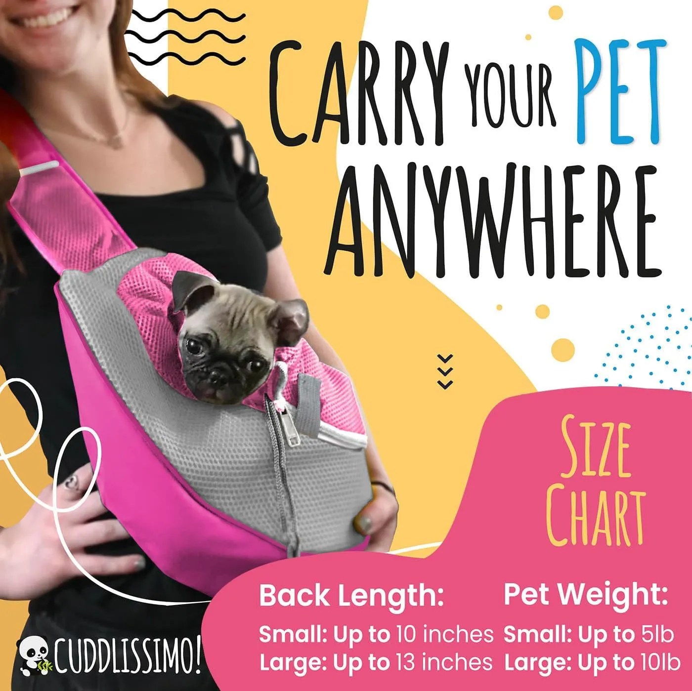 Pet Sling Carrier - Soft Front-Chest Carrying Bag for Small Pets (Ideal for Dogs, Puppies & Cats 610 lbs) - Carefully Sized for Yorkshire Terrier, Maltese, Toy Poodle, Papillon -(Pink-L)