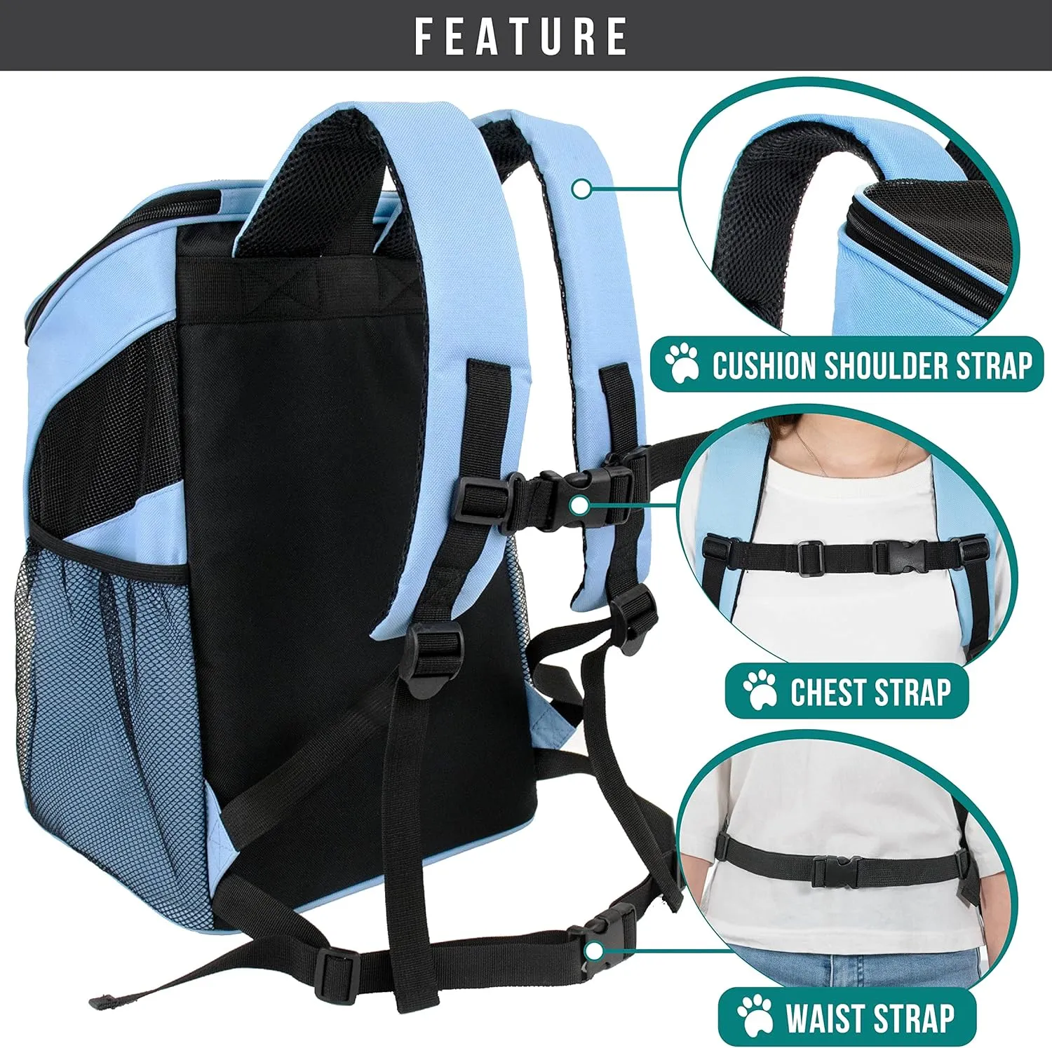 PetAmi Small Dogs and Cat Backpack Carrier, Airline Approved Pet Backpack Carrier, Ventilated, Safety Strap, Buckle Support Designed for Hiking Travel Camping Outdoor, Max 18 lbs (Light Blue)