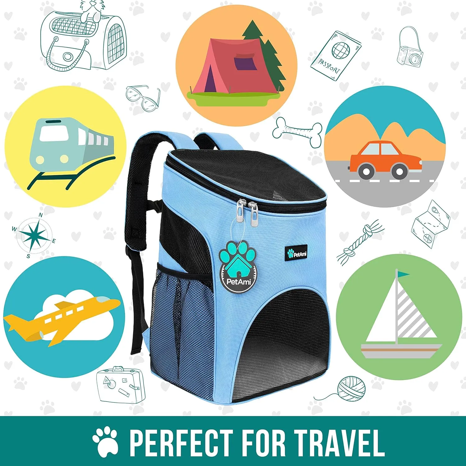 PetAmi Small Dogs and Cat Backpack Carrier, Airline Approved Pet Backpack Carrier, Ventilated, Safety Strap, Buckle Support Designed for Hiking Travel Camping Outdoor, Max 18 lbs (Light Blue)