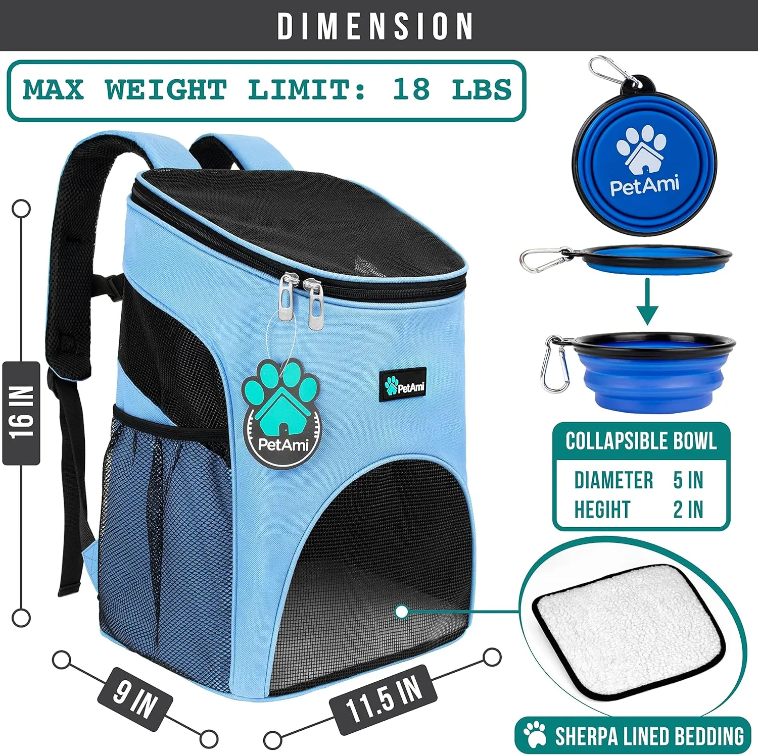 PetAmi Small Dogs and Cat Backpack Carrier, Airline Approved Pet Backpack Carrier, Ventilated, Safety Strap, Buckle Support Designed for Hiking Travel Camping Outdoor, Max 18 lbs (Light Blue)