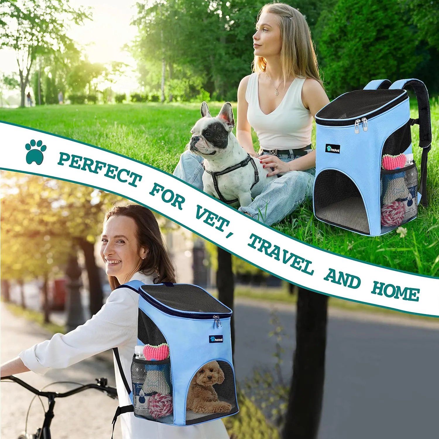 PetAmi Small Dogs and Cat Backpack Carrier, Airline Approved Pet Backpack Carrier, Ventilated, Safety Strap, Buckle Support Designed for Hiking Travel Camping Outdoor, Max 18 lbs (Light Blue)