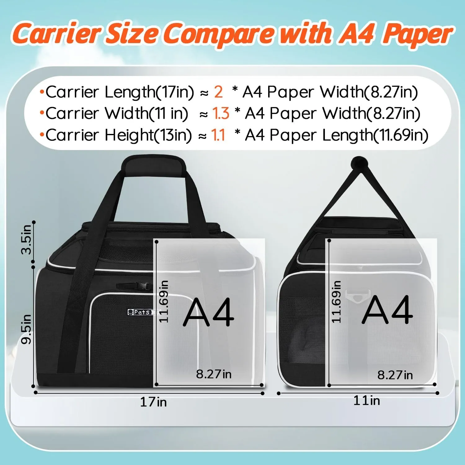 Petskd Top-Expandable Pet Carrier 17x11x9.5 Inches Alaska Airline Approved, Soft-Sided Carrier for Small Cats and Dogs with Locking Safety Zippers and Anti-Scratch Mesh(Black)