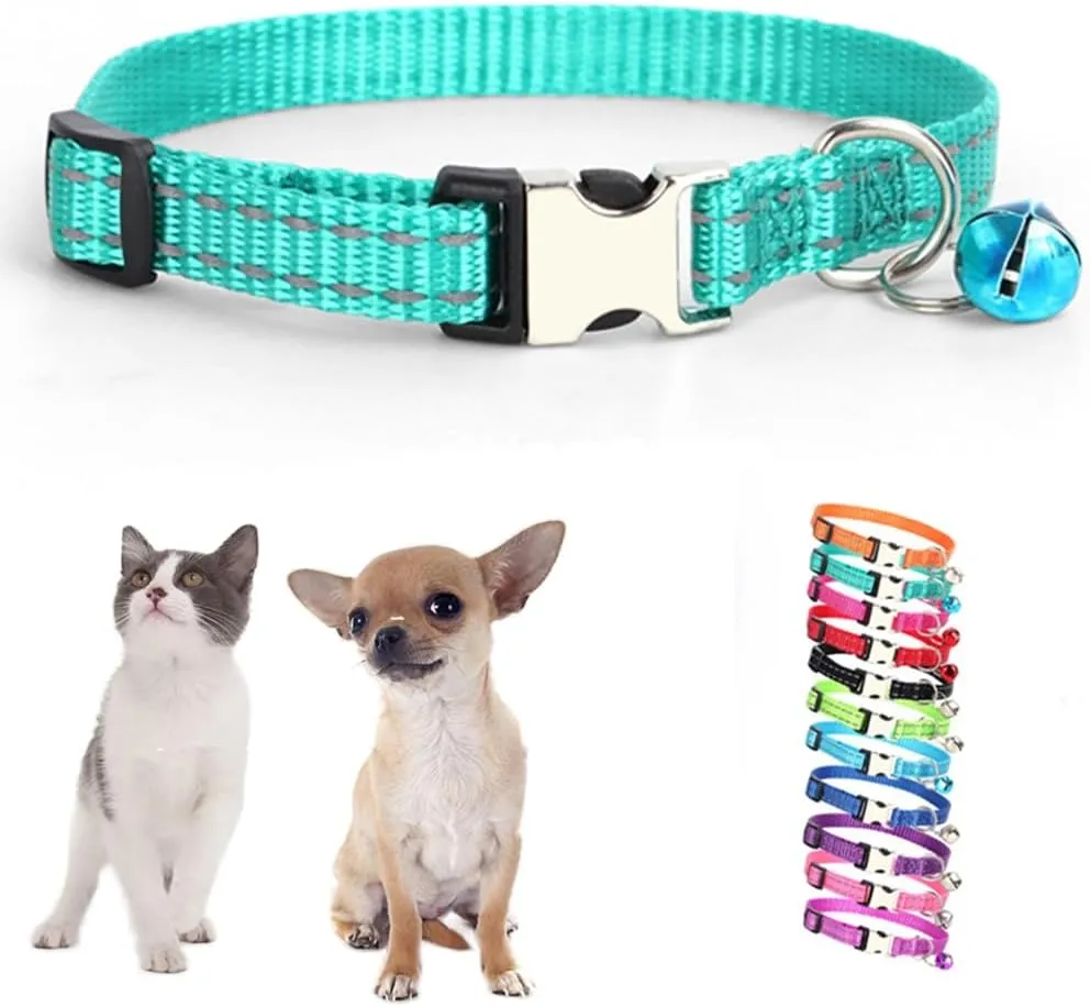 Puppy Collar with Bell,Basic & Reflective Cat Collar with Bells for XXS Xs Small Pet Dogs Boy Tiny Kitten Girls Animal, Teal X-Small