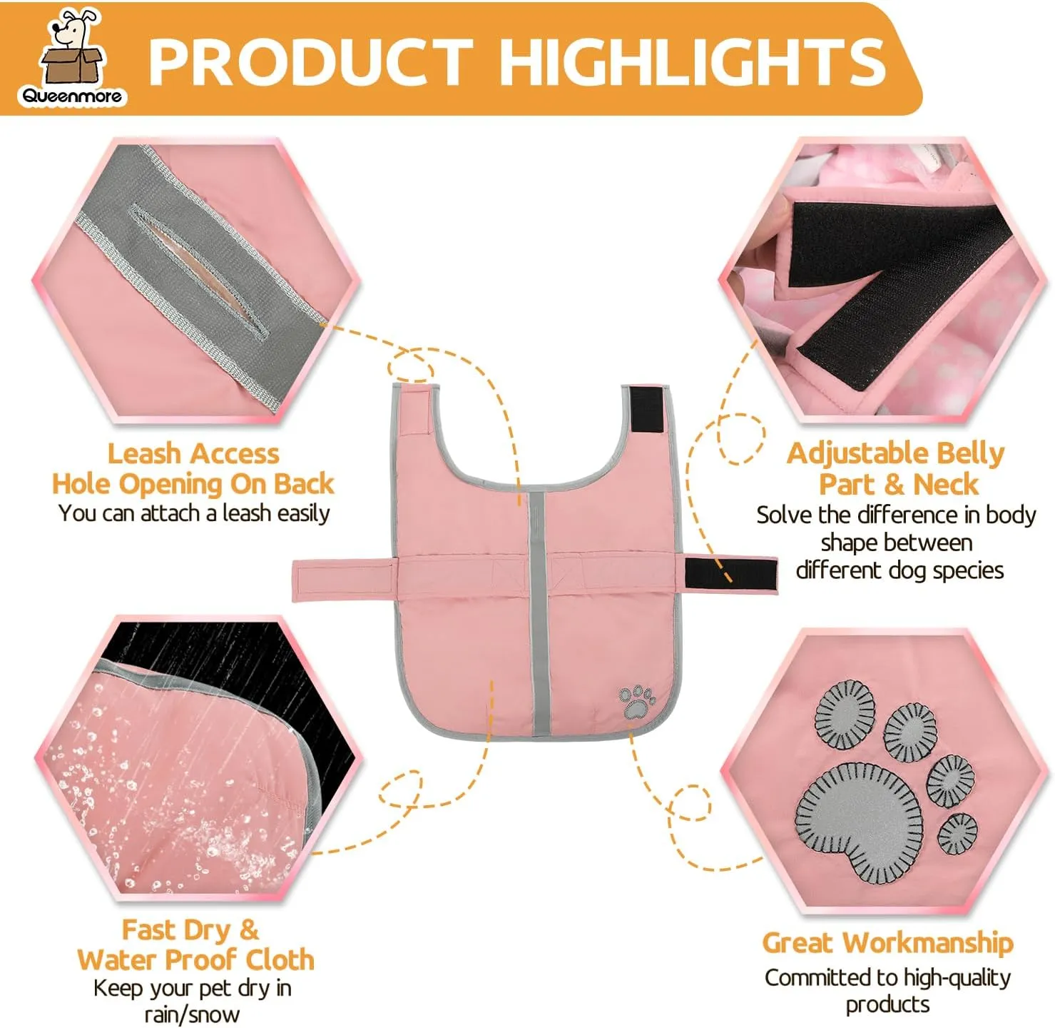 Queenmore Dog Winter Coat, Fleece Puffer Dog Down Vest, Cold Weather Pet Jacket for Dogs, Waterproof Reflective Reversible Dog Sweater Clothes for Small, Medium and Large Dogs (Light Pink, XS)