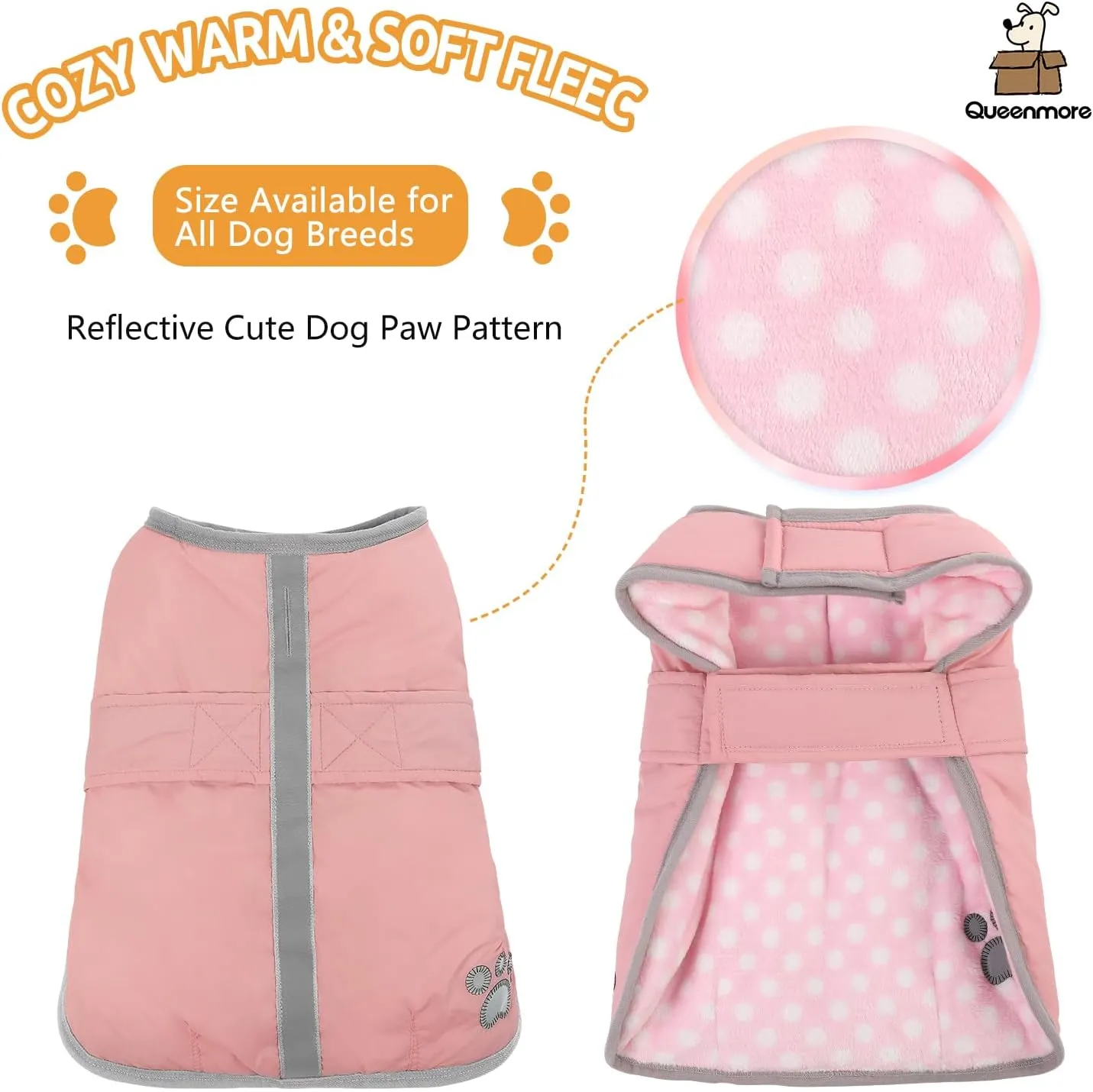 Queenmore Dog Winter Coat, Fleece Puffer Dog Down Vest, Cold Weather Pet Jacket for Dogs, Waterproof Reflective Reversible Dog Sweater Clothes for Small, Medium and Large Dogs (Light Pink, XS)