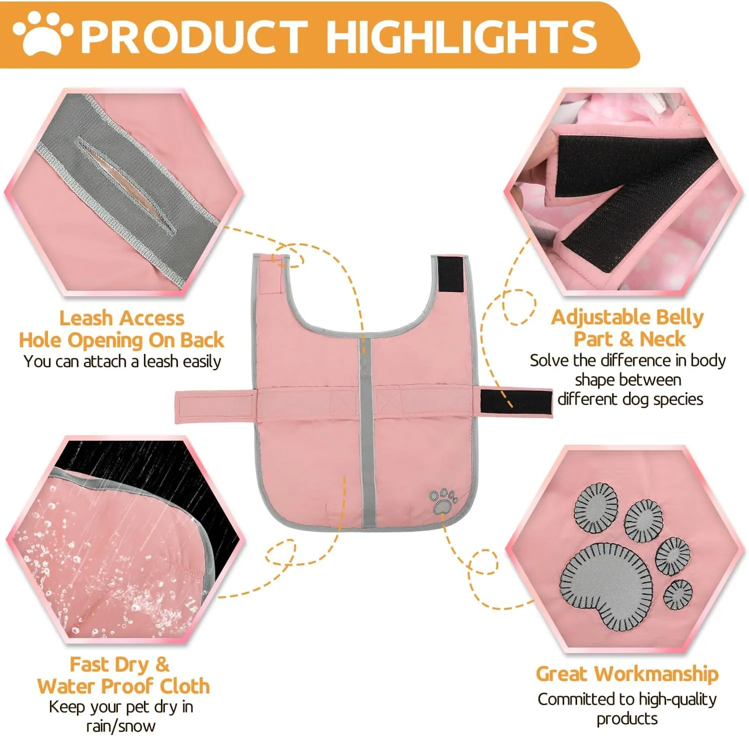 Queenmore Dog Winter Coat, Fleece Puffer Dog Down Vest, Cold Weather Pet Jacket for Dogs, Waterproof Reflective Reversible Dog Sweater Clothes for Small, Medium and Large Dogs (Light Pink, XS)