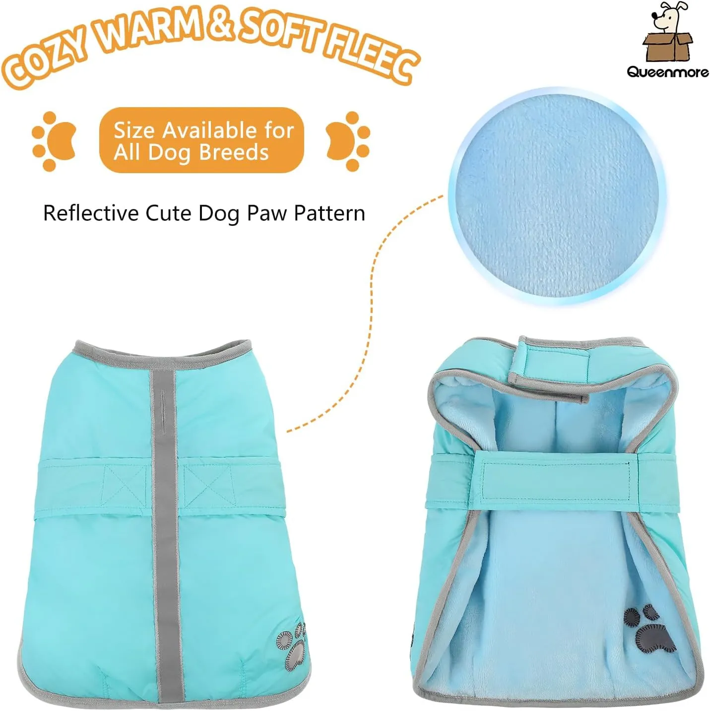 Queenmore Winter Coat, Fleece Puffer Down Vest, Cold Weather Pet Jacket, Waterproof Reflective Reversible Sweater Clothes for Small, Medium and Large Dogs (Light Blue, XS)