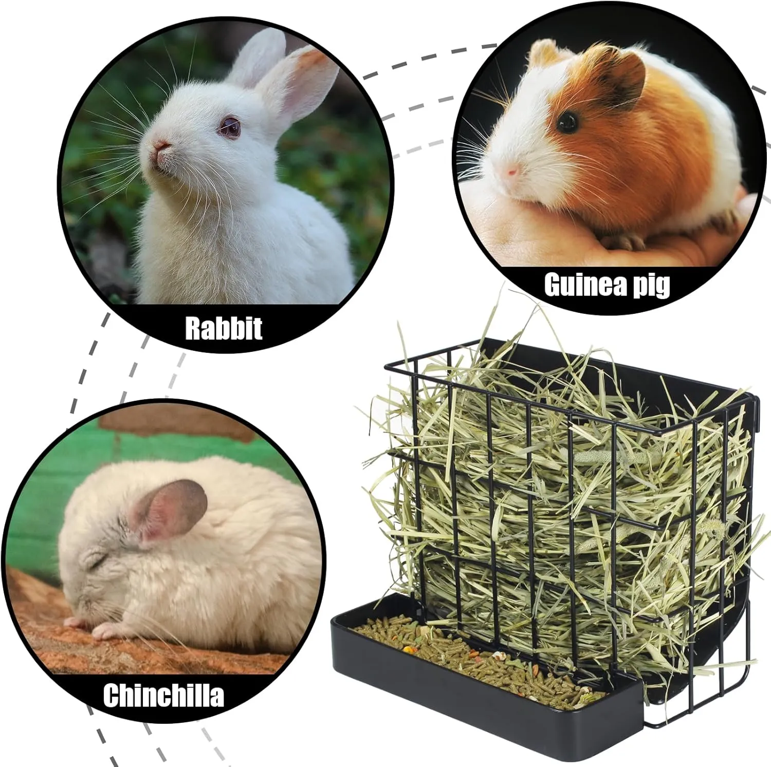 Rabbit Hay Holder Guinea Pig Hay Feeder with Hook Heavy-Duty Metal,Internal Sloping DesignHay Feeder for Bunny,RabbitChinchillas,Comes with Two Multifunctional Zippers