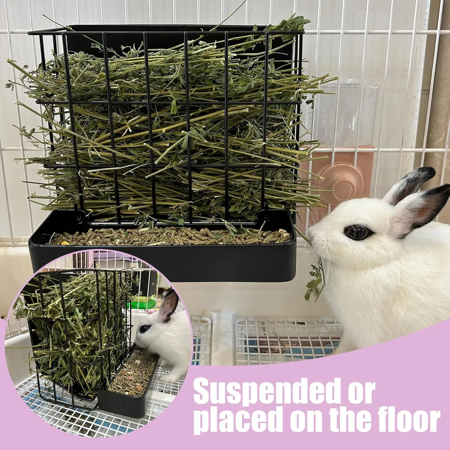 Rabbit Hay Holder Guinea Pig Hay Feeder with Hook Heavy-Duty Metal,Internal Sloping DesignHay Feeder for Bunny,RabbitChinchillas,Comes with Two Multifunctional Zippers
