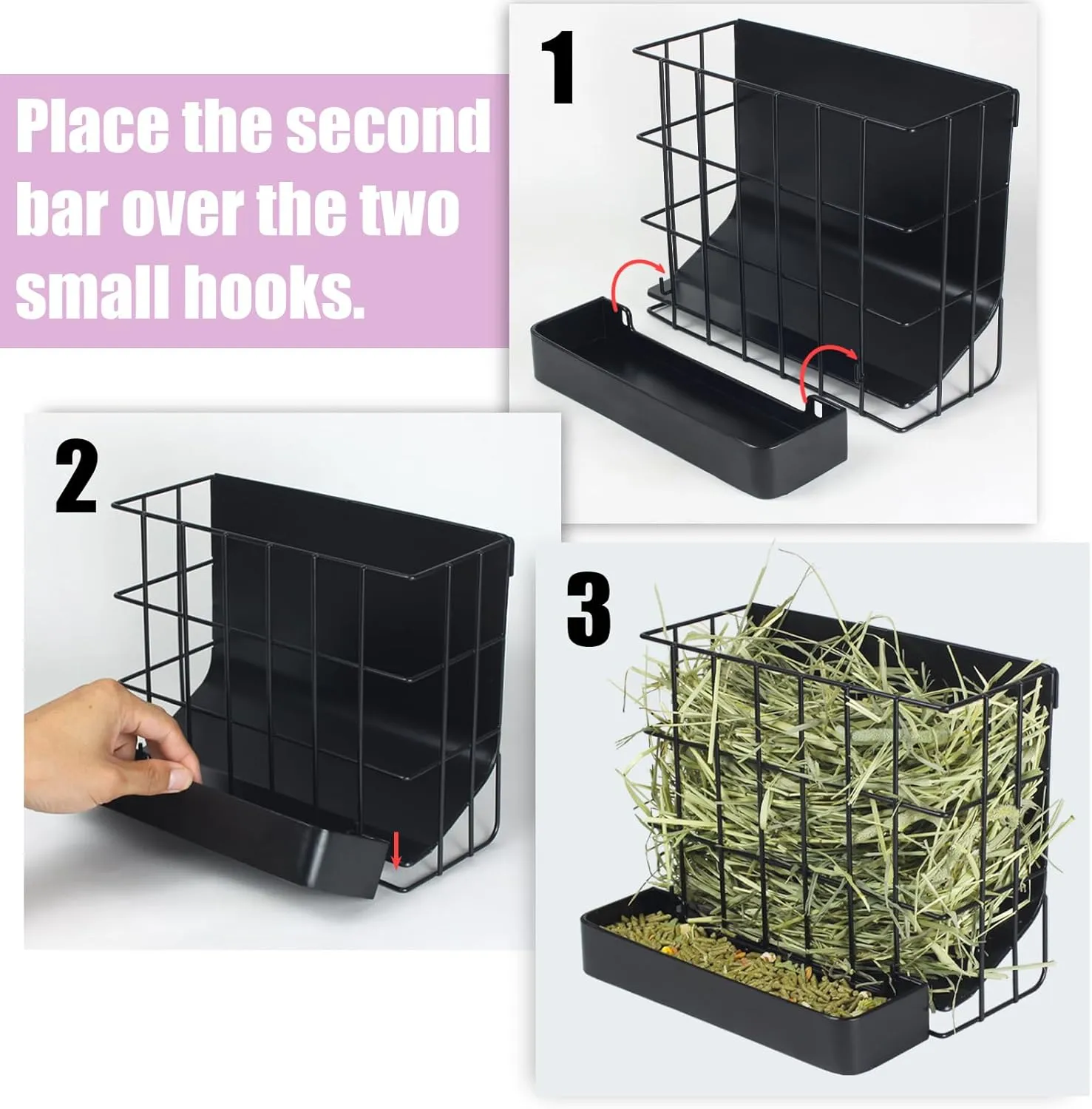Rabbit Hay Holder Guinea Pig Hay Feeder with Hook Heavy-Duty Metal,Internal Sloping DesignHay Feeder for Bunny,RabbitChinchillas,Comes with Two Multifunctional Zippers