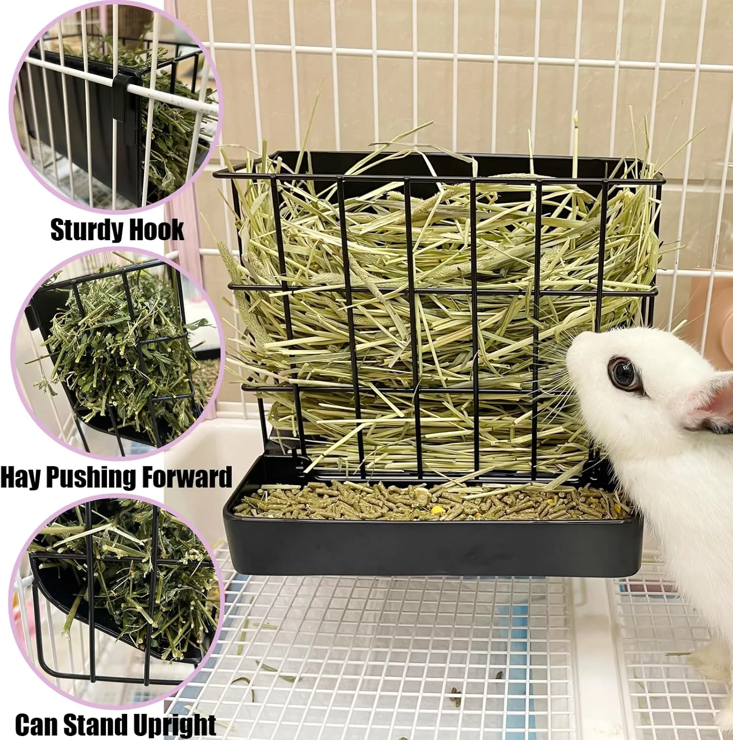 Rabbit Hay Holder Guinea Pig Hay Feeder with Hook Heavy-Duty Metal,Internal Sloping DesignHay Feeder for Bunny,RabbitChinchillas,Comes with Two Multifunctional Zippers