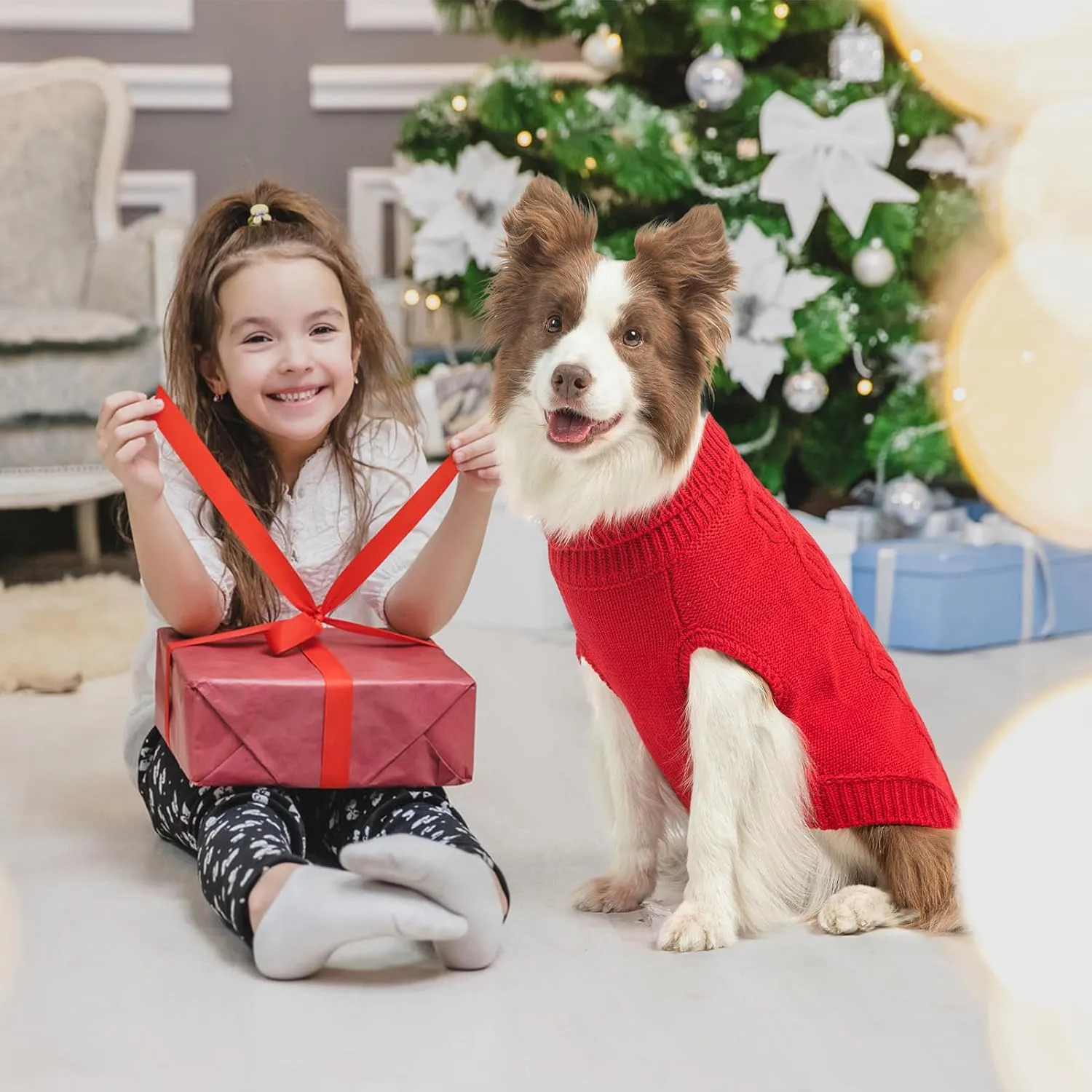 SCENEREAL Knitted Dog Sweater for Small Medium Large Dogs, Cat Dog Winter Coat Warm Sweartershirts Outfits, Classic Pet Clothes with Leash Hole, Soft Pet Knitwear Apparel for Girls Boys, Red S