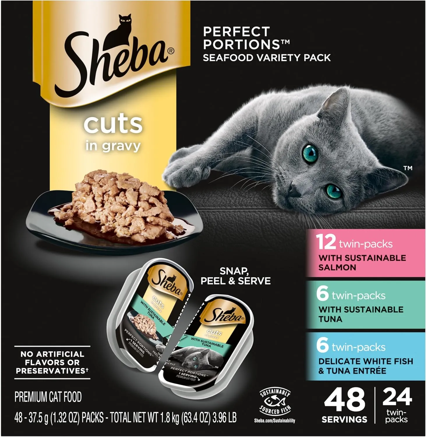 Sheba Perfect Portions Wet Cat Food Cuts in Gravy Variety Pack, Sustainable Salmon, Sustainable Tuna, and Delicate White Fish & Tuna Entree, 2.6 oz., Twin-Pack Trays, (24 Count, 48 Servings)