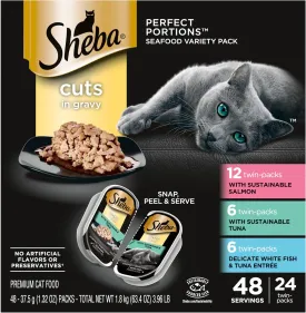 Sheba Perfect Portions Wet Cat Food Cuts in Gravy Variety Pack, Sustainable Salmon, Sustainable Tuna, and Delicate White Fish & Tuna Entree, 2.6 oz., Twin-Pack Trays, (24 Count, 48 Servings)