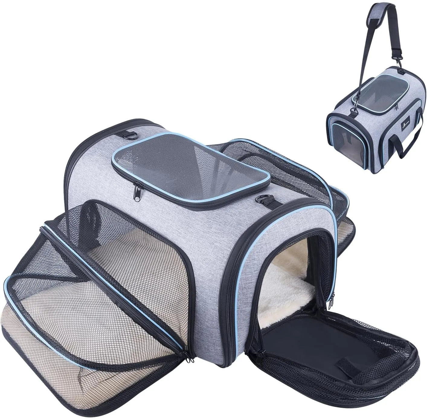 Siivton 4 Sides Expandable Pet Carrier, Airline Approved Soft-Sided Dog Cat Carrier Bag with Fleece Pad for Cats, Puppy and Small Animals (4 Extension Gray_Blue, L:18.0" L x 11.0" W x 11.0" H)