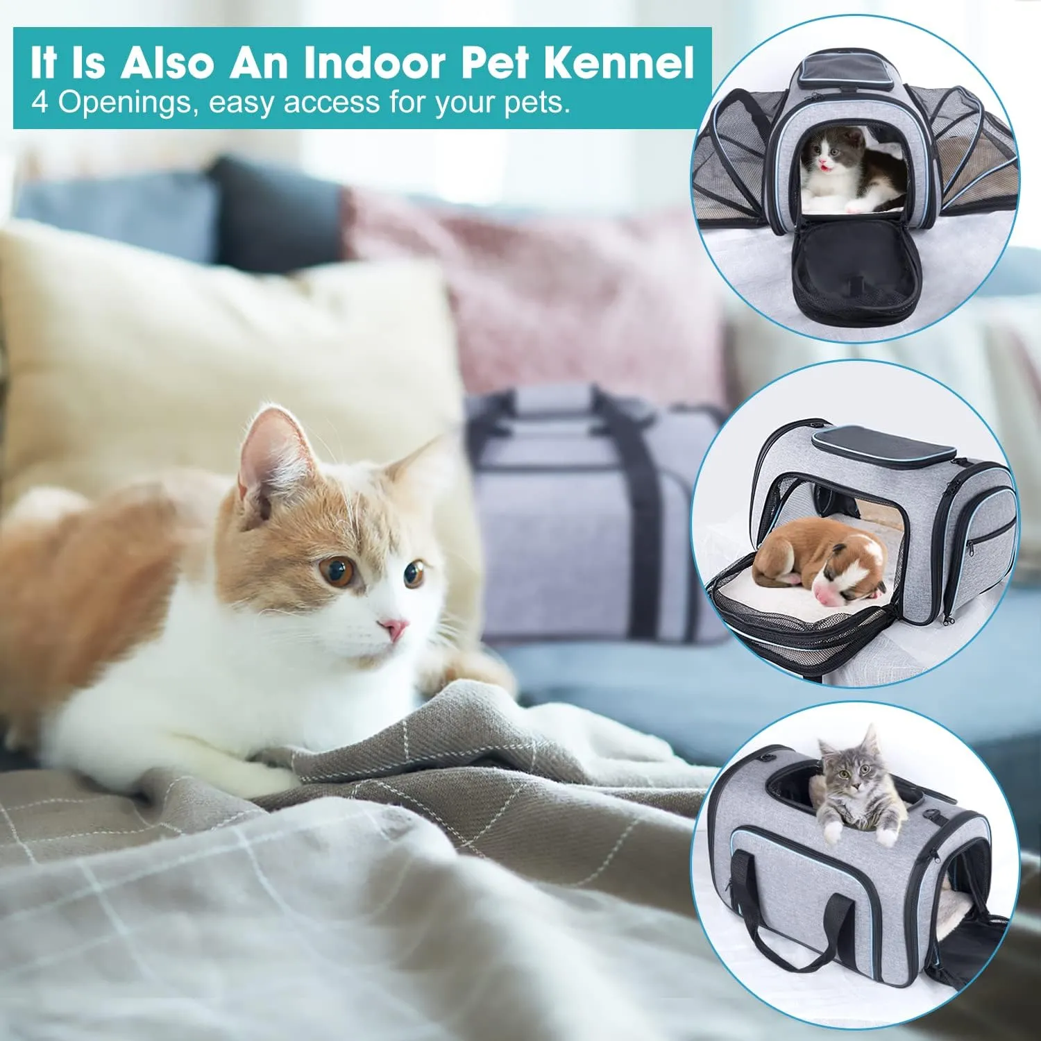 Siivton 4 Sides Expandable Pet Carrier, Airline Approved Soft-Sided Dog Cat Carrier Bag with Fleece Pad for Cats, Puppy and Small Animals (4 Extension Gray_Blue, L:18.0" L x 11.0" W x 11.0" H)